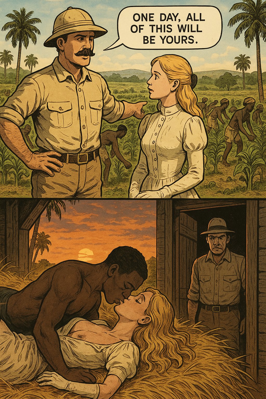 1girls, 2boys, ai generated, blonde hair, dark skin, dark-skinned male, english text, female, interracial, male, nationplaylove, slave, text
