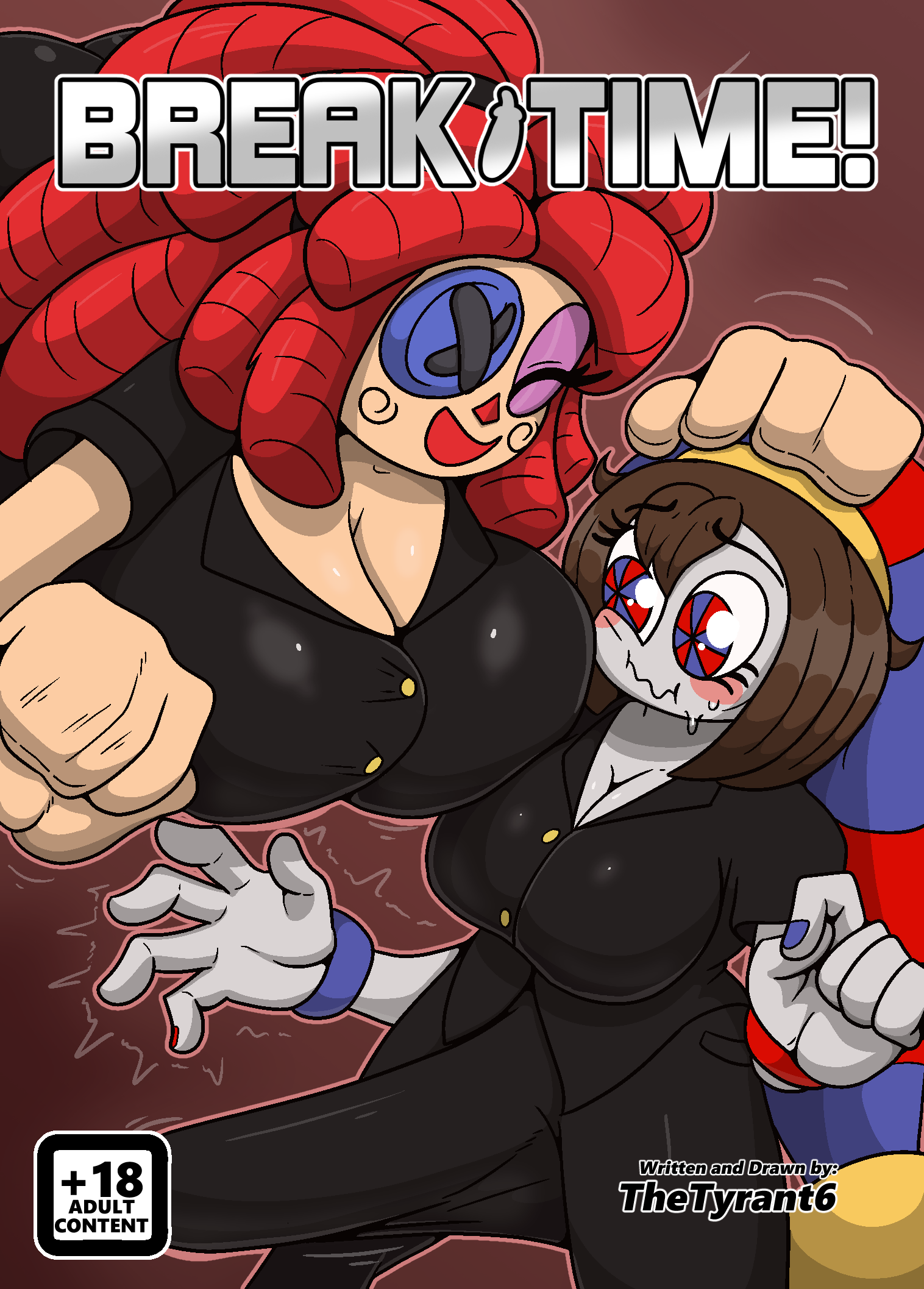 1futa, 1girls, breasts, clothed, clothing, comic, comic cover, female, fully clothed, futanari, intersex, jester, nervous, petting, pomni (the amazing digital circus), rag doll, ragatha (the amazing digital circus), size difference, the amazing digital circus, thetyrant