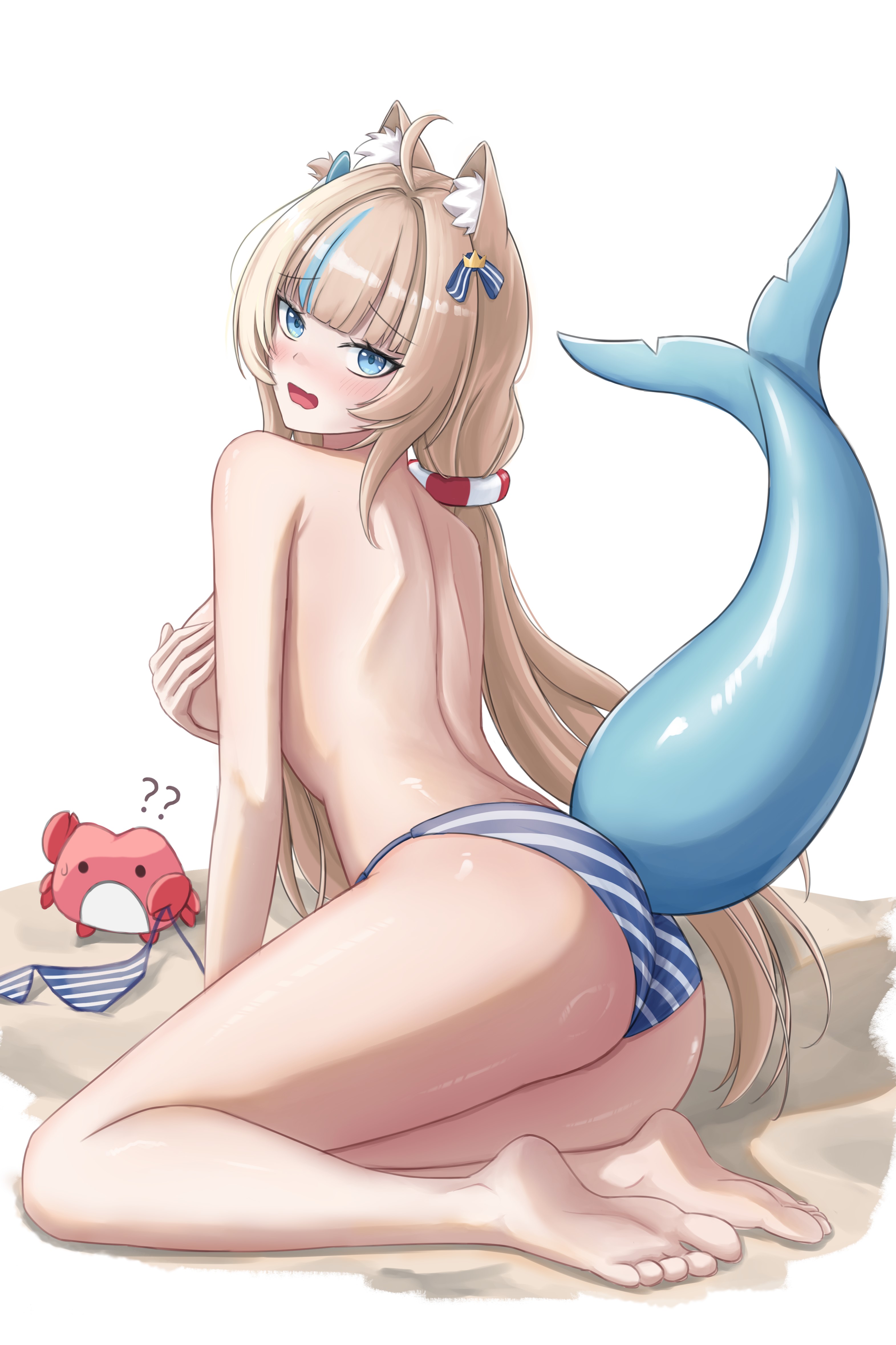 ?, 1girls, ahoge, almonxtea, animal ears, beach, bikini, blonde hair, blue eyes, blue streak, blush, bow, breasts, covering, covering breasts, crab, female, hairbow, indie virtual youtuber, kneeling, long hair, looking back, rear view, sameko saba, shark girl, shark tail, solo, solo female, streaked hair, striped bikini, sweatdrop, tail, twintails, virtual youtuber