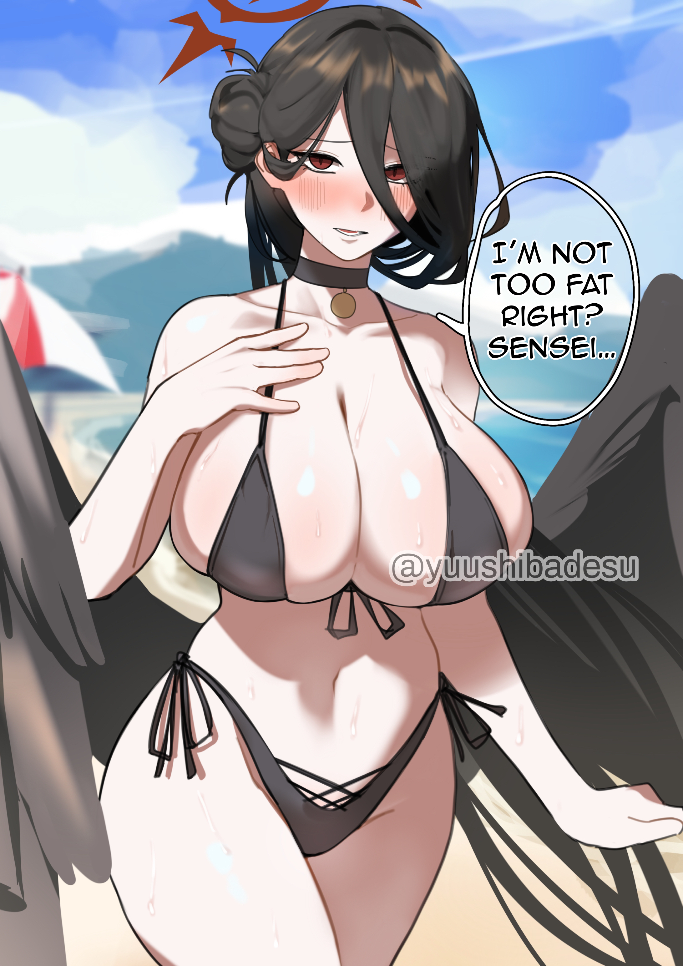 absurdres, bikini, black bikini, black choker, black hair, black wings, blue archive, blue sky, blush, breasts, choker, cleavage, cloud, english text, feathered wings, female, hair between eyes, hair bun, halo, hand on own chest, hasumi (blue archive), hasumi (swimsuit) (blue archive), highleg, highleg bikini, highres, huge breasts, long hair, looking at viewer, low wings, navel, official alternate costume, official alternate hairstyle, outdoors, oversized wings, red eyes, red halo, sky, solo, speech bubble, standing, swimsuit, wings, yuushiba