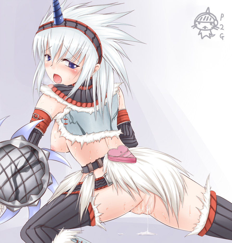 blue_eyes breasts capcom censored color elbow_gloves felyne female gloves horn horns kirin_(armor) long_hair lynian monster_hunter monster_hunter_freedom open_mouth pussy pussy_juice shield shimo_(depthbomb) silver_hair source_request sword_and_shield_(mh) thighhighs underboob white_hair year_request