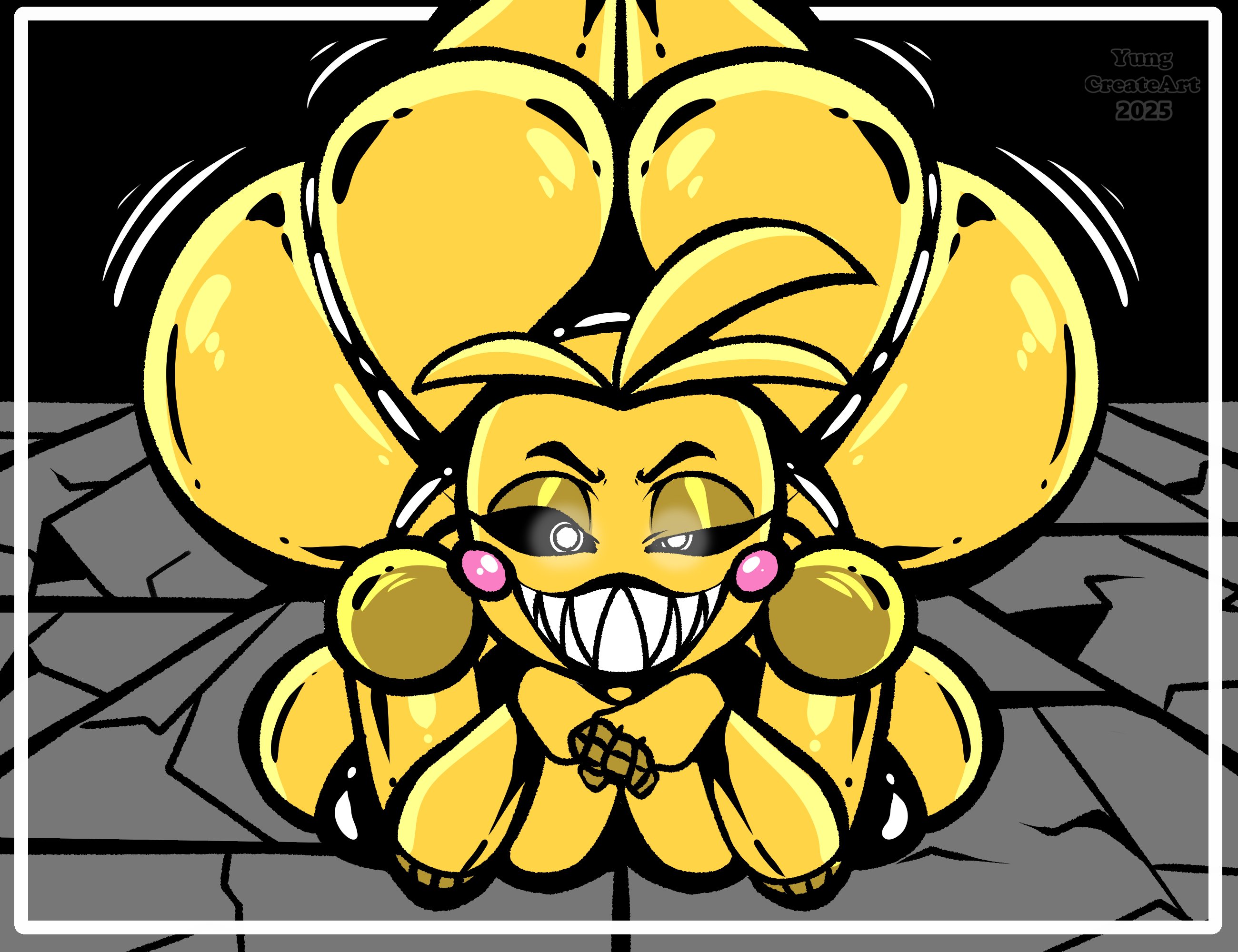 ass, big ass, big breasts, big butt, breasts, bubble butt, fat ass, fat butt, female, female only, five nights at freddy's, five nights at freddy's 2, fnaf, gynoid, huge ass, huge breasts, huge butt, large ass, large breasts, large butt, legs spread, looking at viewer, sharp teeth, smile, smiling, solo, spread legs, thick ass, thick thighs, toy chica (fnaf), wide hips, yellow body, yungcreateart