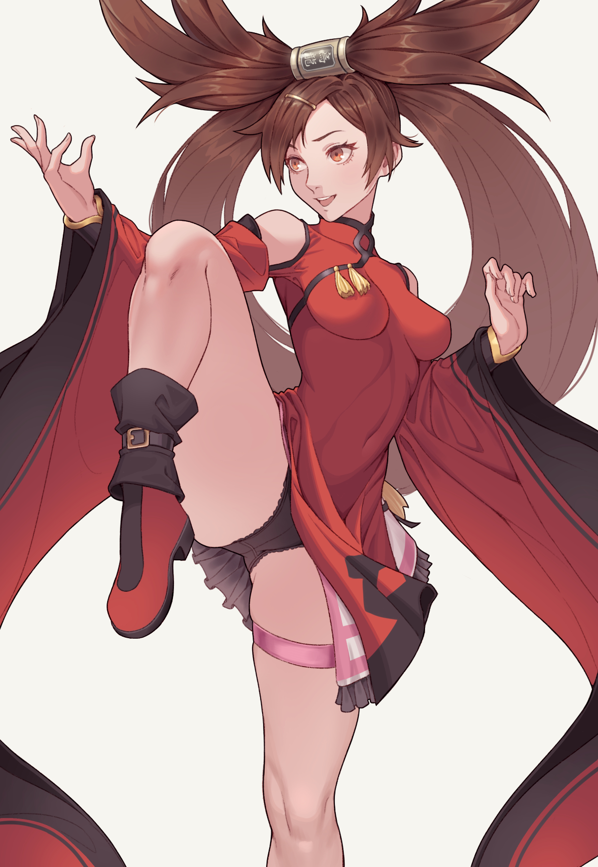 arc system works, ass, bare shoulders, black panties, boots, breasts, brown eyes, brown hair, cheshirrr, covered navel, female, female focus, guilty gear, highres, kuradoberi jam, leg up, long hair, panties, simple background, solo, thigh strap, twintails, underwear, very long hair, white background