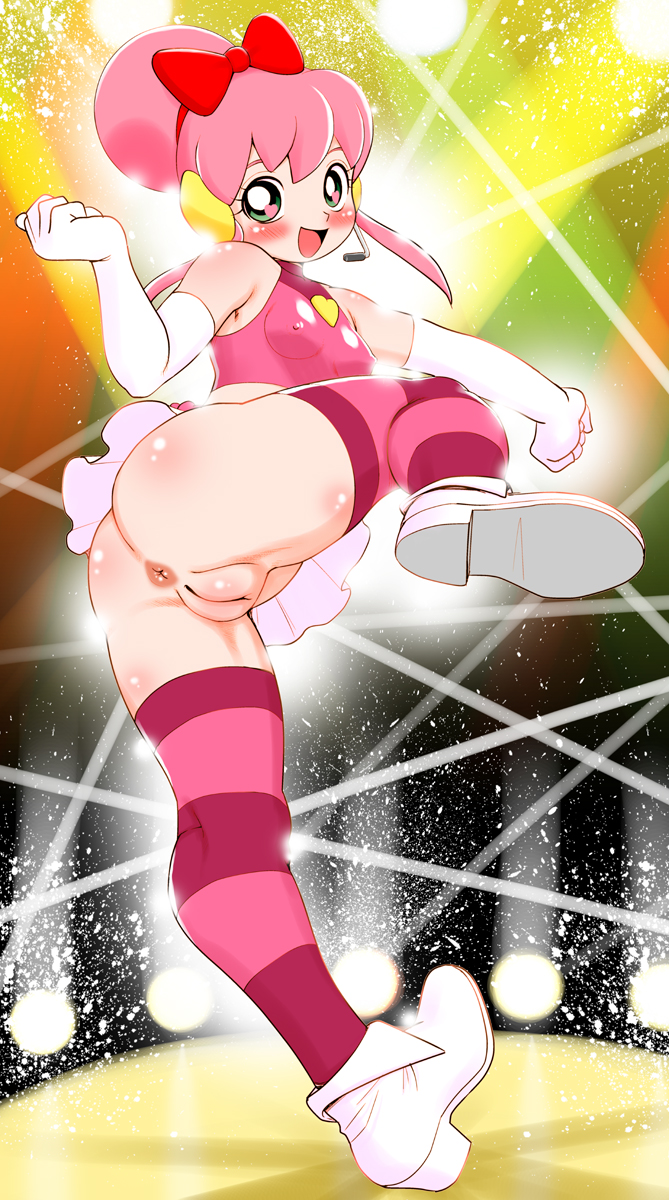 ass battle_spirits battle_spirits:_shounen_toppa_bashin blush clothing erect_nipples fat_mons female from_below highres mura-san my_sunshine no_panties open_mouth pink_hair pussy skirt solo striped striped_legwear striped_thighhighs suiren thighhighs uncensored upskirt