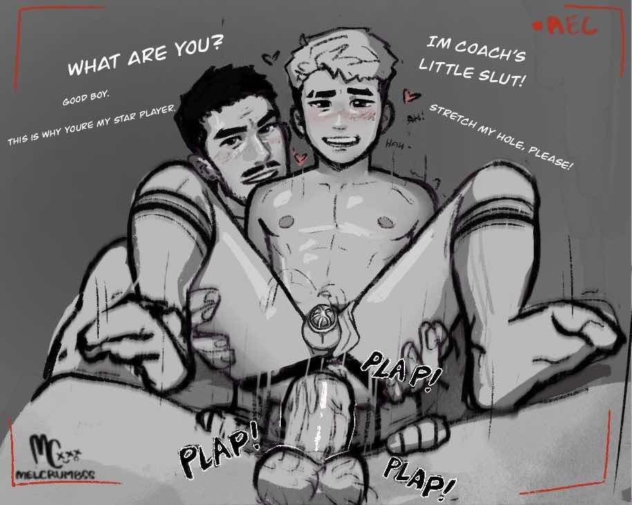 2boys, age difference, anal, anal sex, bara, big dom small sub, big penis, blush, coach, daddy, dilf, dirty talk, english, english text, erect penis, erection, facial hair, gay, gay anal, gay domination, gay sex, good boy, height difference, huge cock, large penis, male, male only, male/male, melcrumbs, muscular, muscular male, penis, penis size difference, size difference, text, thick penis, veiny penis, verbal, verbal domination, verbal submission, yaoi