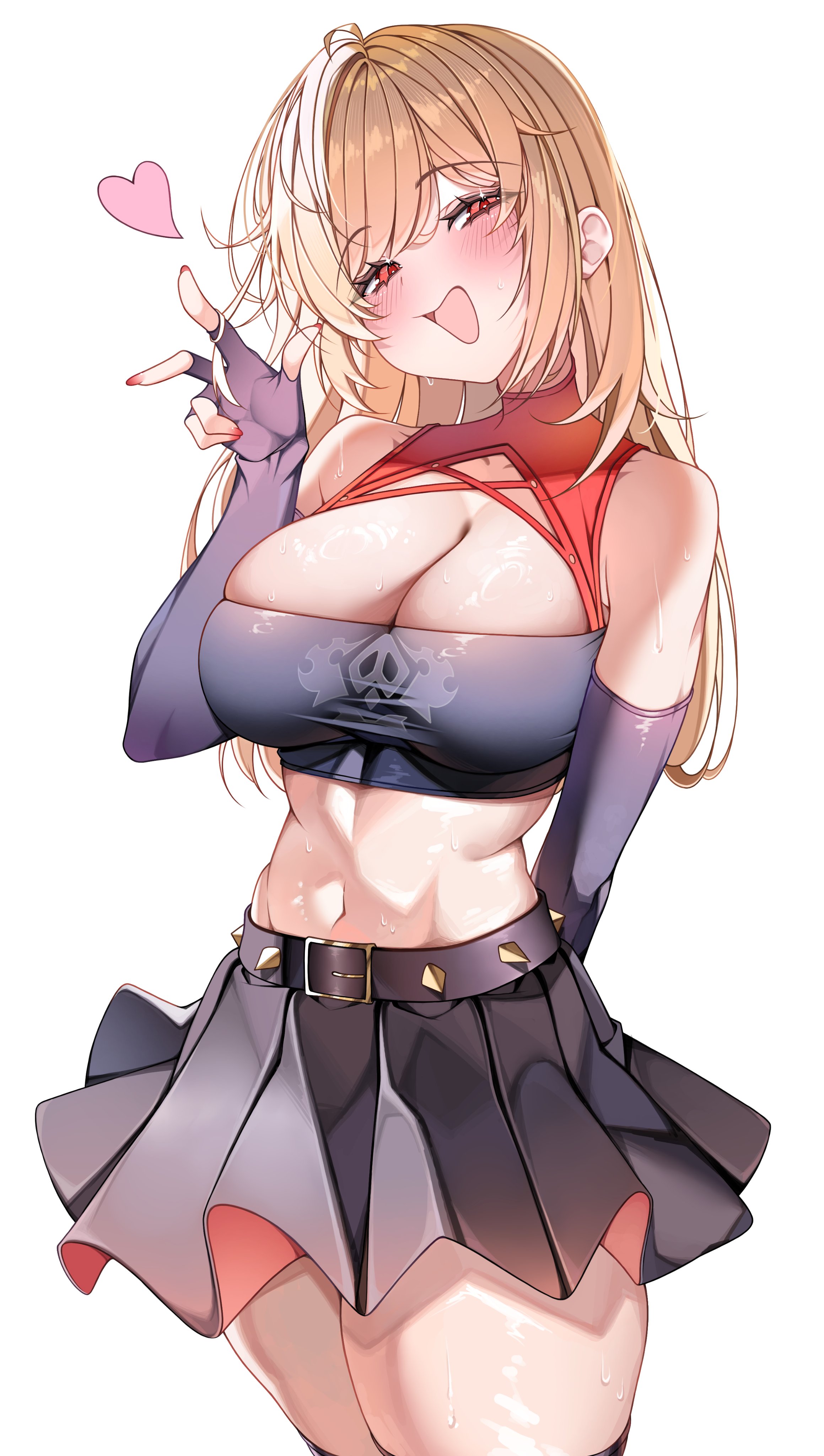 1girls, absurdres, arm behind back, bare shoulders, belt, belt buckle, black belt, black gloves, black skirt, black tube top, blonde, blonde female, blonde hair, blonde hair female, blonde-haired female, blush, blushing, blushing female, breasts, buckle, burnice white, cleavage, clothed, clothed female, commentary, crop top, elbow gloves, female, female only, fit, fit female, gloves, hair down, heart, highres, huge breasts, large breasts, long hair, long hair female, long-haired female, looking at viewer, loose hair, marck (marck1703), miniskirt, navel, open mouth, red eyes, red eyes female, red shrug, red-eyed female, shiny skin, shrug (clothing), simple background, skirt, smile, solo, spiked belt, stomach, strapless, thick thighs, thighs, tube top, untied hair, w, white background, zenless zone zero