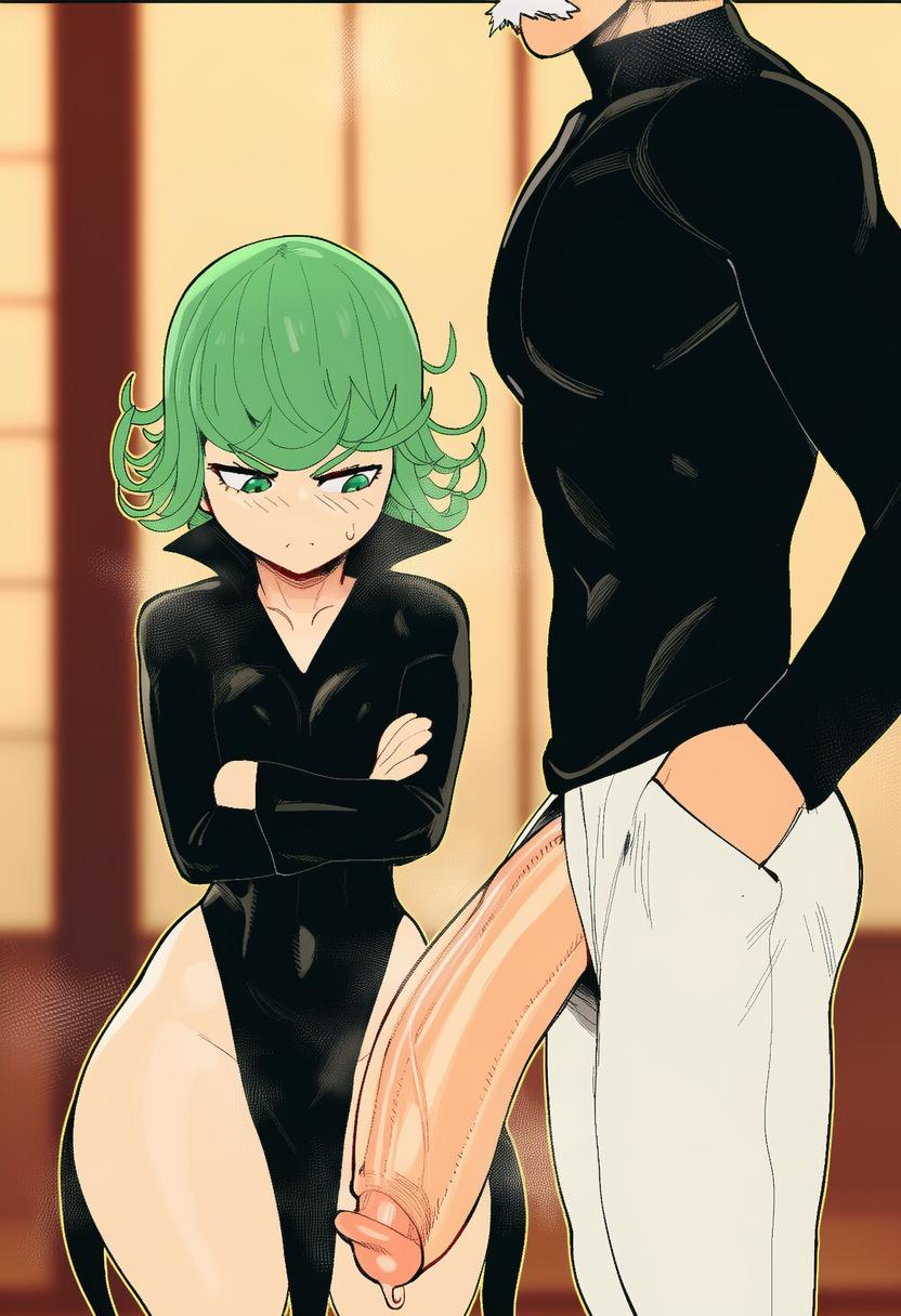 1boy, 1girls, ai generated, bang (one-punch man), big ass, big penis, breasts, female, green hair, huge cock, large penis, looking at penis, male, older male, one-punch man, penis, penis awe, petite, small breasts, tatsumaki