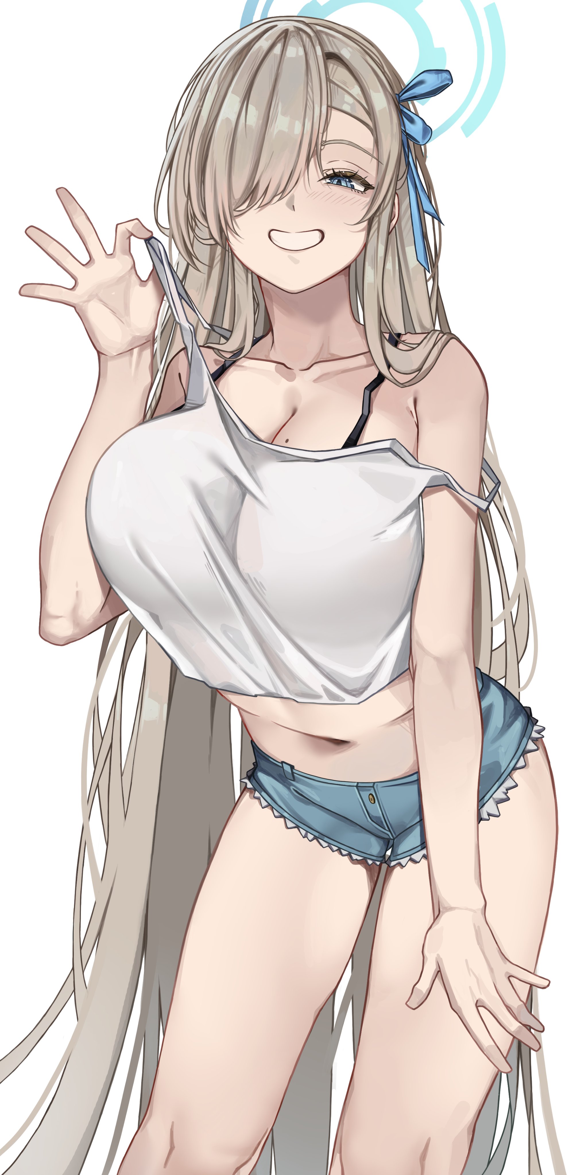 1girls, absurdres, asuna (blue archive), bare arms, bare shoulders, blonde hair, blue archive, blue eyes, blue halo, blue ribbon, breasts, capelet, cleavage, collarbone, commentary, cutoffs, denim, denim shorts, female, female only, grin, hair over one eye, hair ribbon, halo, highres, large breasts, leaning forward, long hair, marck (marck1703), midriff, mole, mole on breast, navel, ribbon, short shorts, shorts, simple background, smile, solo, standing, strap lift, very long hair, white background, white capelet