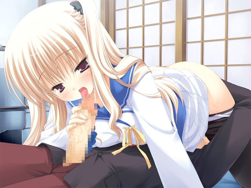 ass blonde_hair blush bra-ban! censored cowgirl_position fellatio game_cg hibarigaoka_yuki muririn oral pantyhose penis purple_eyes school_uniform sex tied_hair twintails