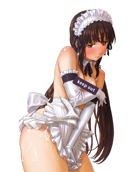 apron apron_tug cum elbow_gloves gloves maid maid_headdress naruko_hanaharu shoujo_material solo