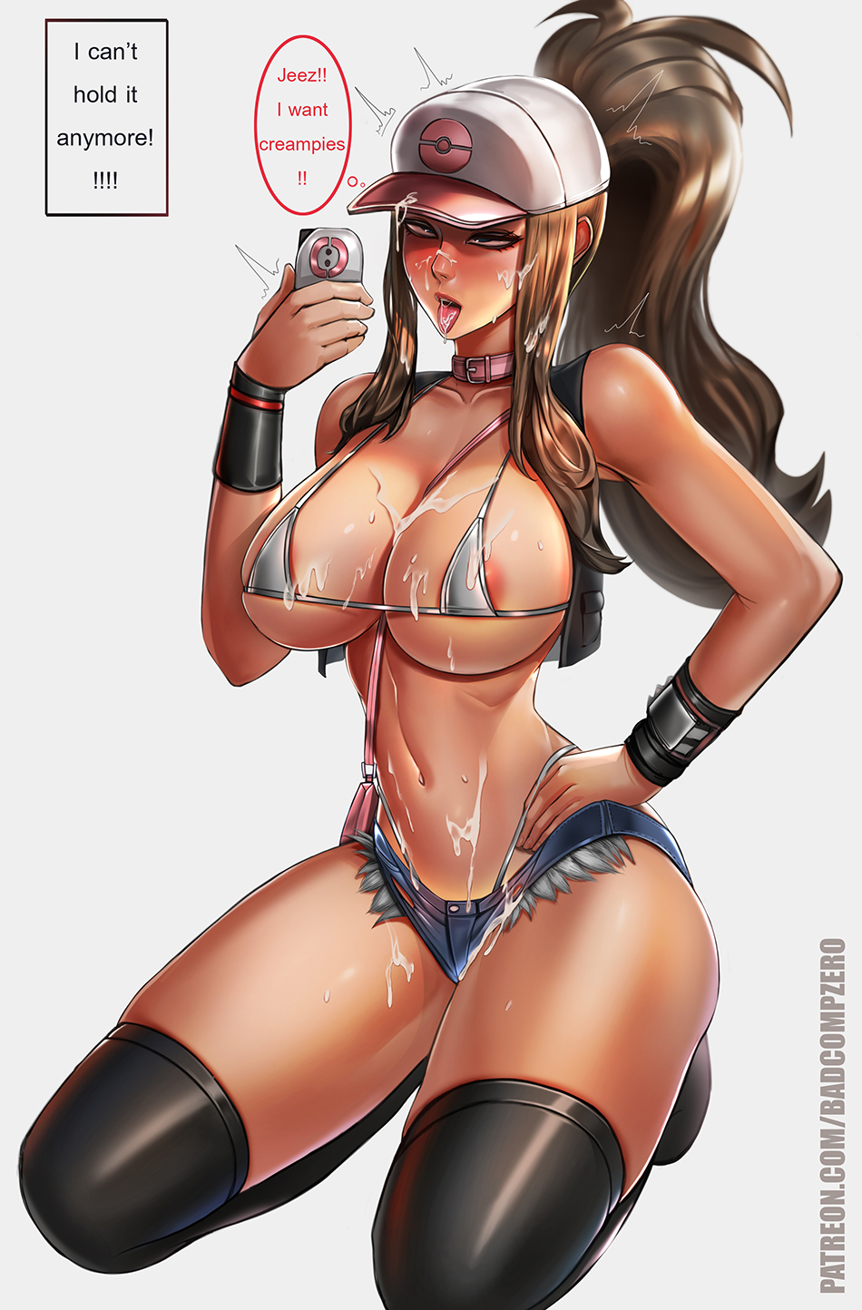 1girls, abs, ahe gao, alternate breast size, badcompzero, big breasts, bikini, bikini top, blue eyes, blush, bra, breasts, brown hair, cleavage, collar, cum, cum on breasts, cum on face, facial, female, half-closed eyes, hat, hilda (pokemon), holding, huge breasts, human, jacket, kneeling, large breasts, long hair, offscreen character, open mouth, phone, pokemon, ponytail, selfie, short shorts, shorts, sideboob, smile, solo, sweat, text, thick thighs, thighhighs, tongue, tongue out, underboob, url, watermark, wet, wide hips