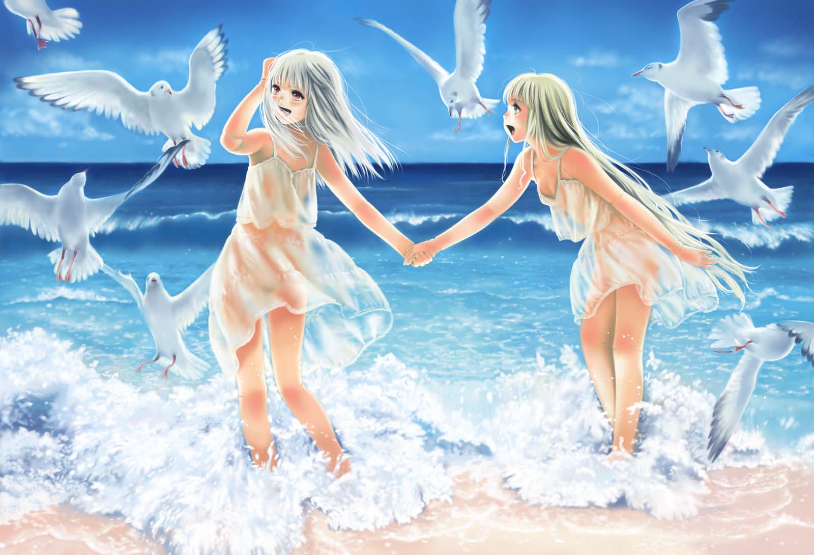 2girls beach bird birds blonde_hair blue_eyes female female_only grey_hair hand_holding highres holding_hands long_hair multiple_girls red_eyes rozen_maiden seagull seagulls see-through shinku silver_hair suigintou toshi_hiroshi water