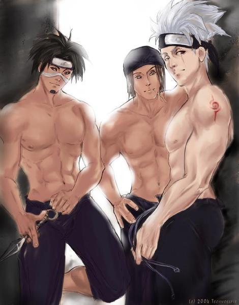 3boys abs bandage_on_face black_hair facial_hair forehead_protector hagane_kotetsu hatake_kakashi headband holding_object holding_weapon human human_only kotetsu_hagane kunai light-skinned_male light_skin looking_at_viewer male male_chest male_only muscle muscles muscular muscular_male naruto naruto_(series) naruto_shippuden nipples pants_only pov pov_eye_contact scar scar_across_eye scar_on_face scar_over_eye shiranui_genma shirtless six_pack smirk smirking straight_hair suggestive tattoo toned toned_male wall white_hair yaoi