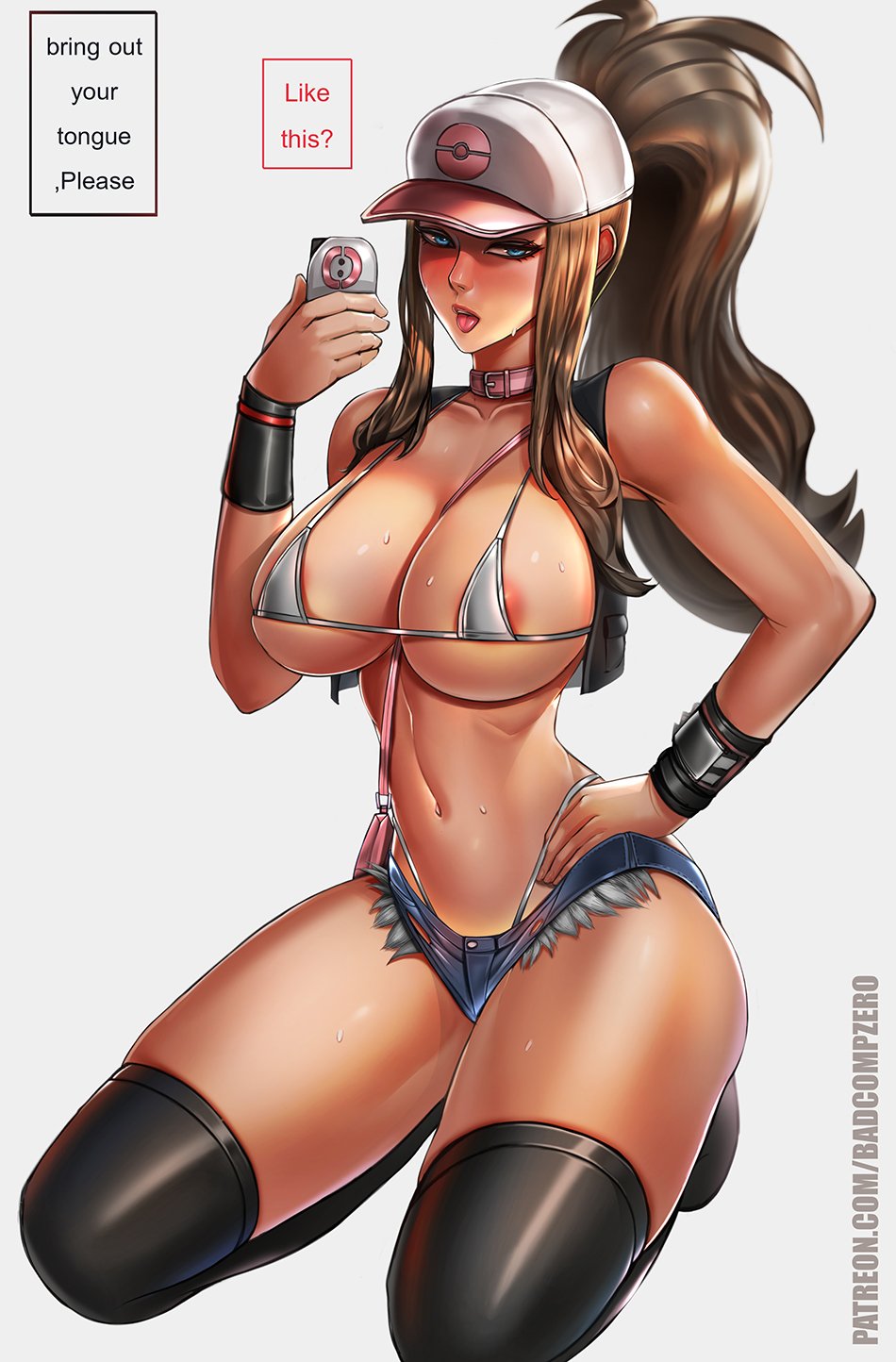 1girls, abs, alternate breast size, badcompzero, big breasts, bikini, bikini top, blue eyes, blush, bra, breasts, brown hair, cleavage, collar, female, female only, half-closed eyes, hat, hilda (pokemon), holding, huge breasts, human, jacket, kneeling, large breasts, long hair, open mouth, phone, pokemon, ponytail, selfie, short shorts, shorts, sideboob, smile, solo, sweat, text, thick thighs, thighhighs, tongue, tongue out, underboob, url, watermark, wet, wide hips