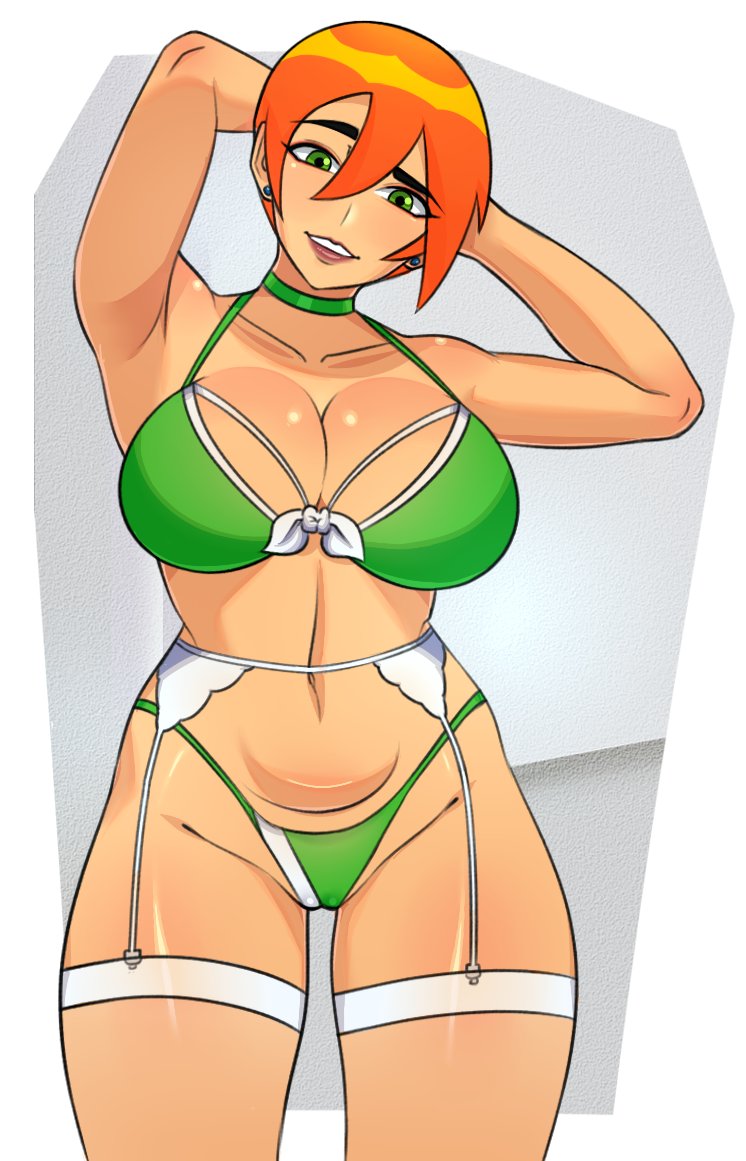 1girls 2020s 2023 armpits ben_10 big_breasts bikini cartoon_network donchibi female female_only future_gwen green_bikini green_eyes green_swimsuit gwen_tennyson looking_at_viewer red_hair seductive seductive_smile solo swimsuit tagme