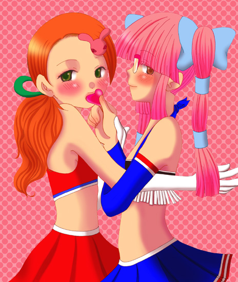 2girls aoi_kanda cheerleader cheerleader_uniform female female_only glasses hair_ornament honoka_kawai multiple_girls nintendo orange_hair osu_tatakae_ouendan pink_hair redhead tagme yuri