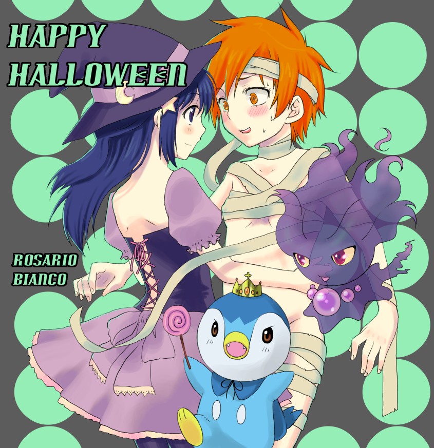 00s 2000s 2girls artist_request blue_hair dawn_(pokemon) female female_only flat_chest halloween halloween_costume human misdreavus multiple_girls mummy_costume naked_bandage nozomi_(pokemon) piplup pokemon pokemon_(anime) pokemon_(species) pokemon_dppt witch_costume yuri zoey_(pokemon)