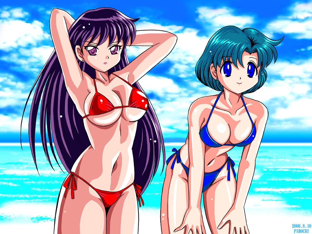 2006 2girls ami_mizuno arms_up bikini bishoujo_senshi_sailor_moon blue_eyes blue_hair breasts cleavage clouds female female_only human long_hair multiple_females navel pirochi purple_eyes purple_hair rei_hino sailor_mercury short_hair side-tie_bikini sky small_breasts smile straight_hair swimsuit