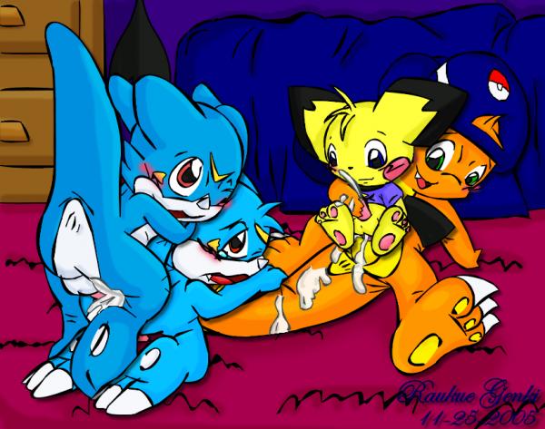 anthro buggery charmander color crossover cub cute_fang digimon furry interspecies male male_only multiple_males nintendo no_humans pichu pokémon_(species) pokemon raukue tail veemon yaoi