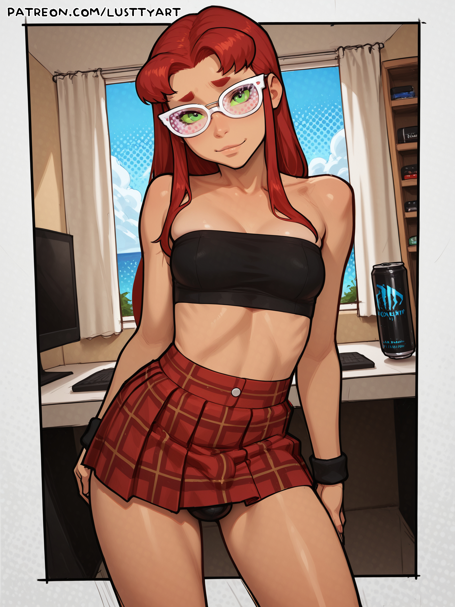 1futa, absurdres, ai, ai generated, bare shoulders, black panties, breasts, dc, dc comics, dickgirl, female, futa focus, futa only, futanari, generated, glasses, green eyes, highres, long hair, looking at viewer, lusttyart, midriff, miniskirt, panties, plaid, plaid skirt, red hair, skirt, smile, solo, standing, starfire, sunglasses, teen titans, tinted eyewear, tubetop, underwear