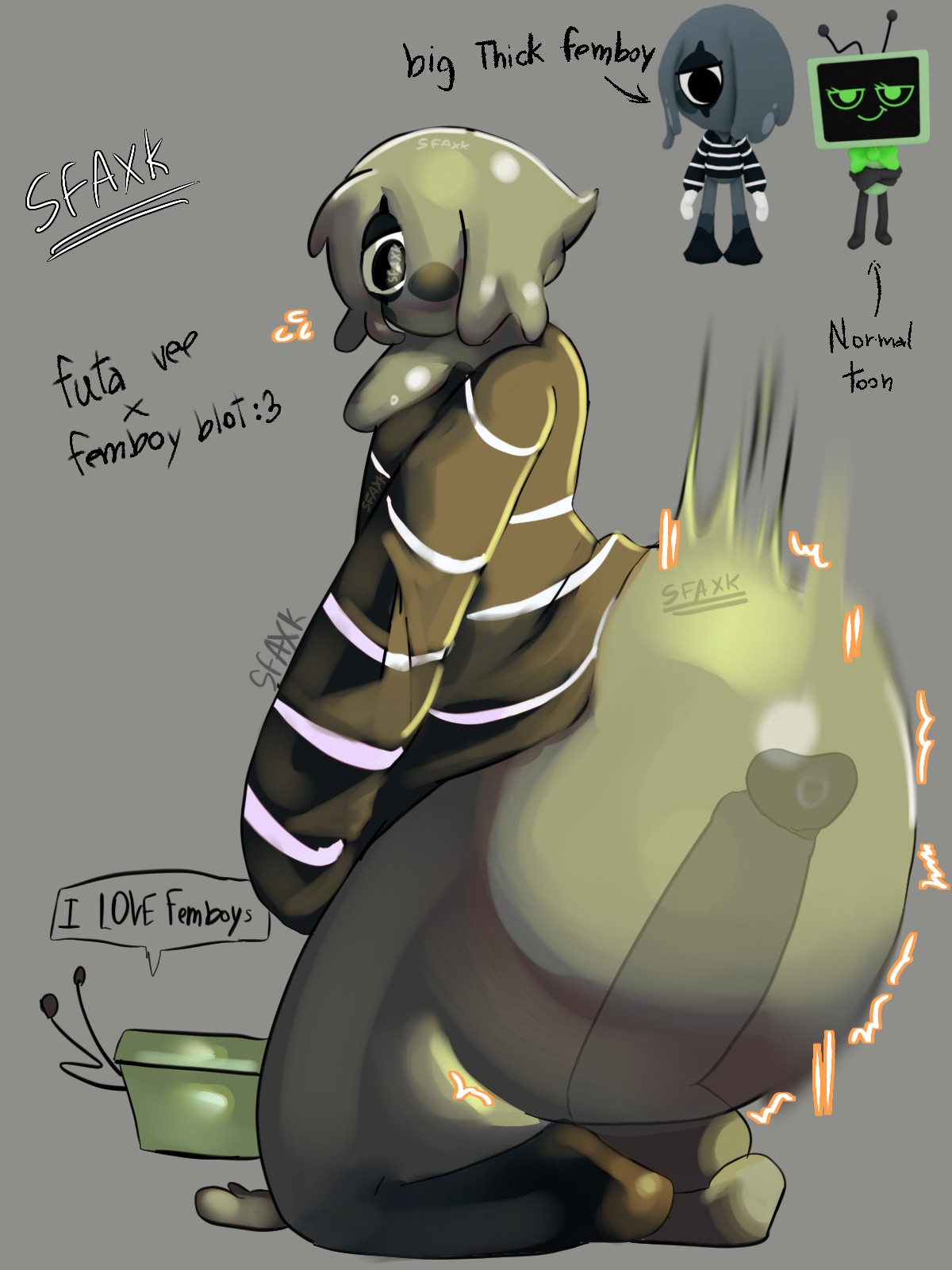 1boy, 1boy1girl, 1femboy, 1futa, big ass, big balls, big butt, big penis, big thighs, blot (dandy's world), bottom heavy, dandy's world, dandys world, femboy, futa on femboy, futa on male, futa on top, futanari, giant ass, giant penis, half naked, half nude, huge ass, huge balls, huge butt, huge cock, larger femboy, lazy, male, male focus, request, sfaxk (artist), simple background, vee (dandy's world)