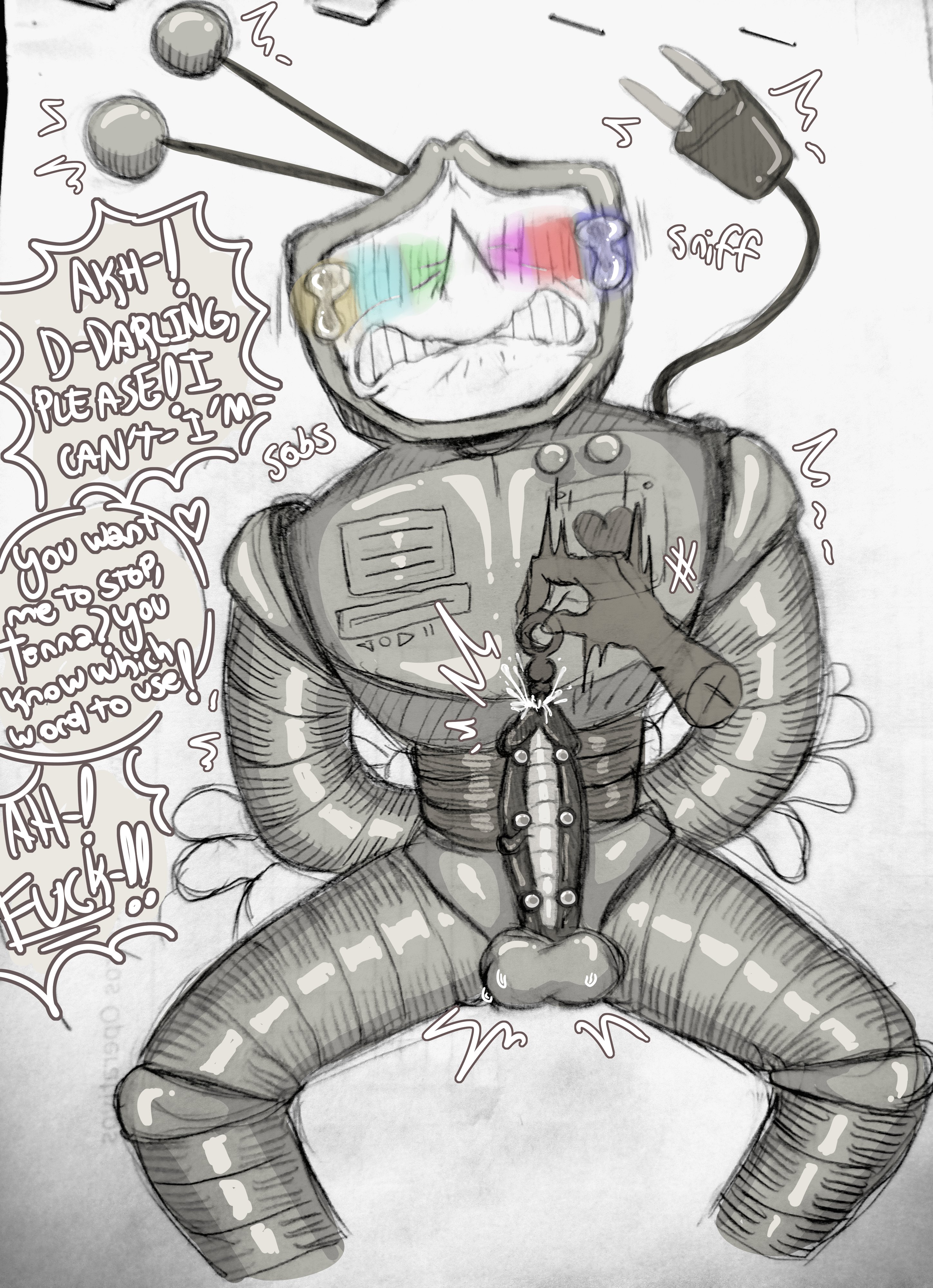 antennae (anatomy), big penis, blush, crying, deltarune, hands behind back, jacob's ladder, letttusse, male only, overstimulated, overstimulation, robot humanoid, robot penis, shiny balls, sounding, sounding rod, tail, tenna (deltarune), text, text bubble, tv head, urethral insertion, urethral penetration