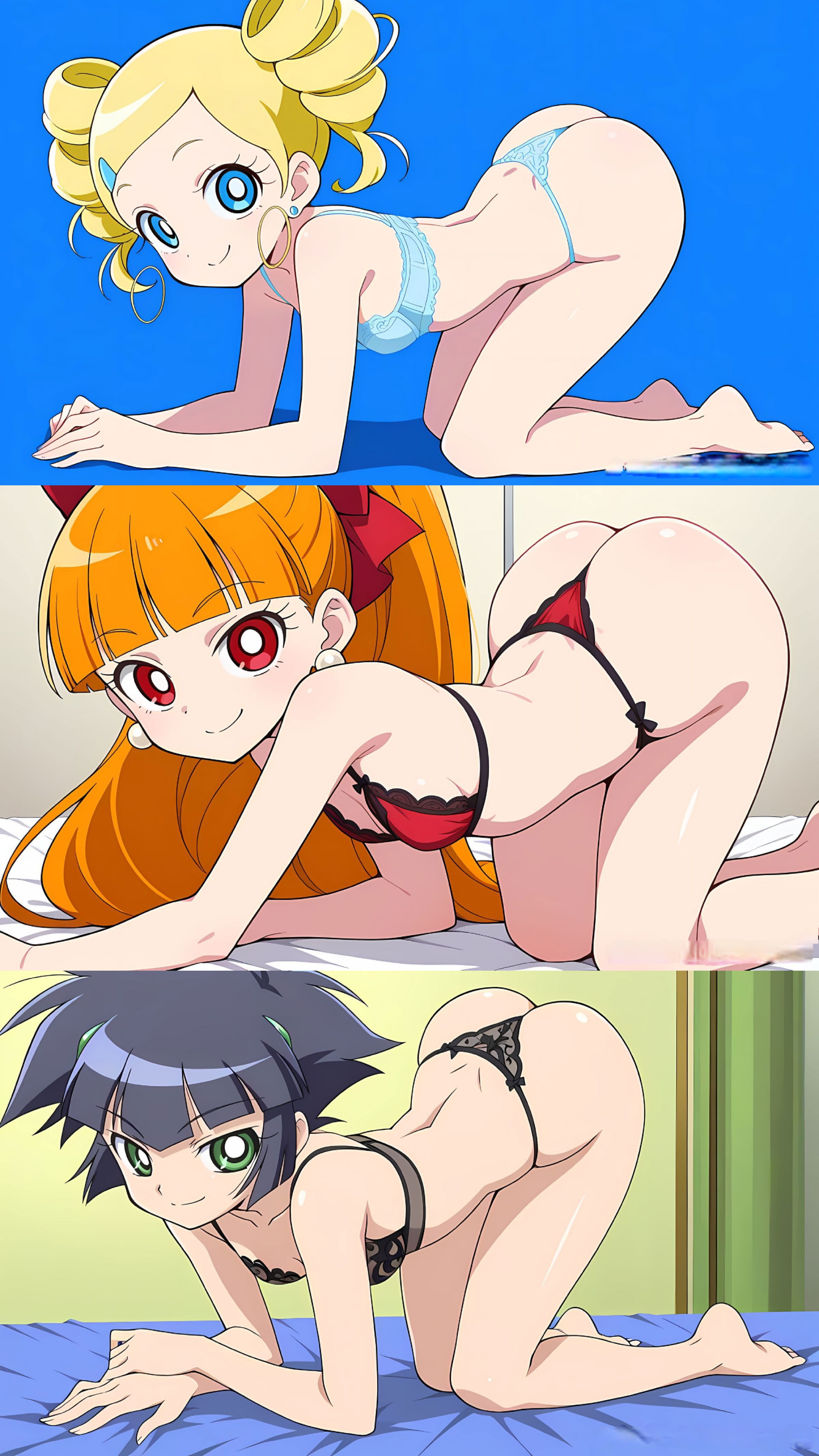 2025, ai generated, ass, blossom (powerpuff girls), bra, bubbles (powerpuff girls), buttercup (powerpuff girls), kneeling, lingerie, on all fours, powerpuff girls, powerpuff girls z, presenting, presenting butt, round butt, seductive, seductive eyes, seductive look, seductive smile, smile, smiling, smiling at viewer, tagme, teksavart2, thong