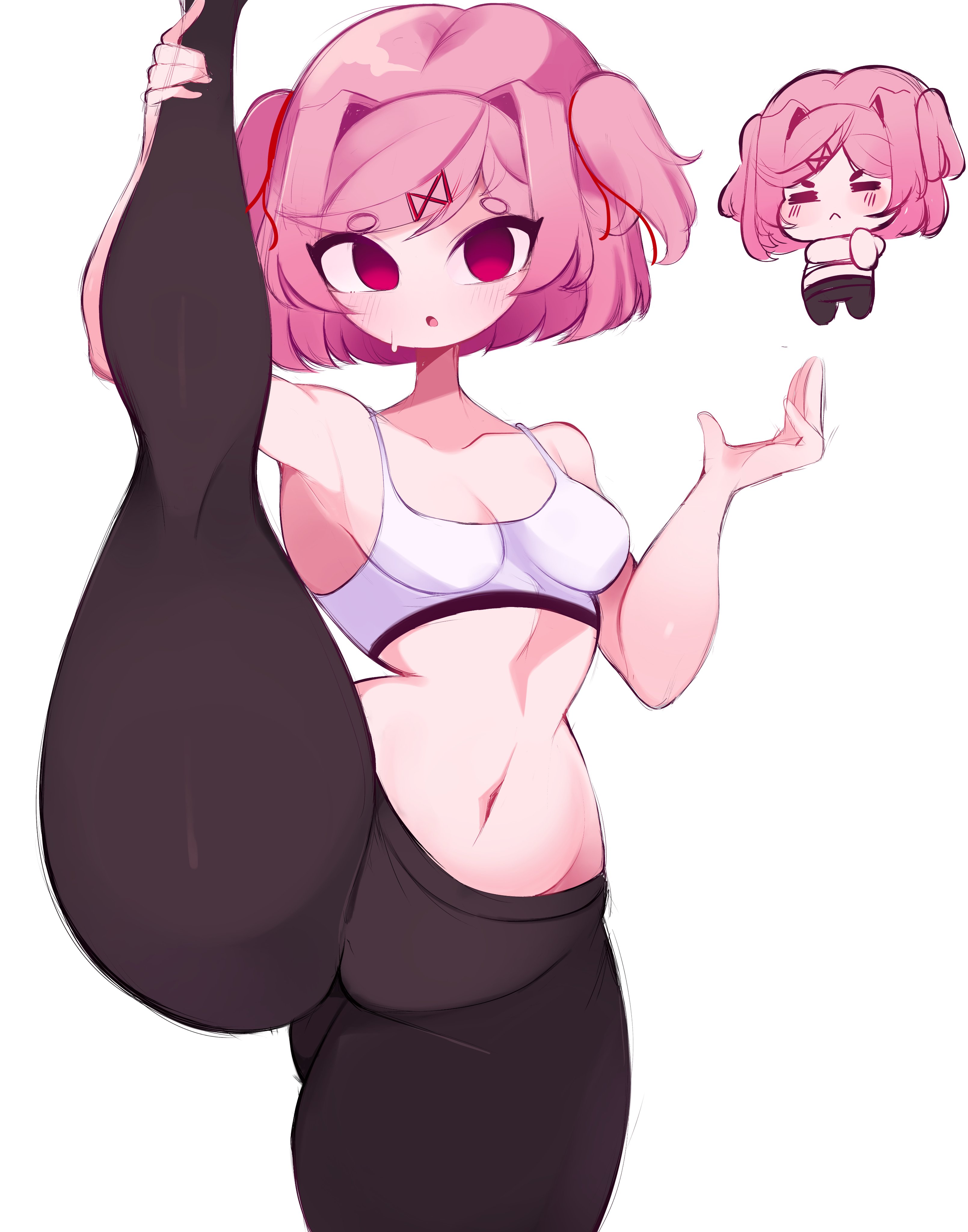 1girls, breasts, doki doki literature club, gym clothes, natsuki (doki doki literature club), pink hair, reinsleif, rox hoxten, spread legs