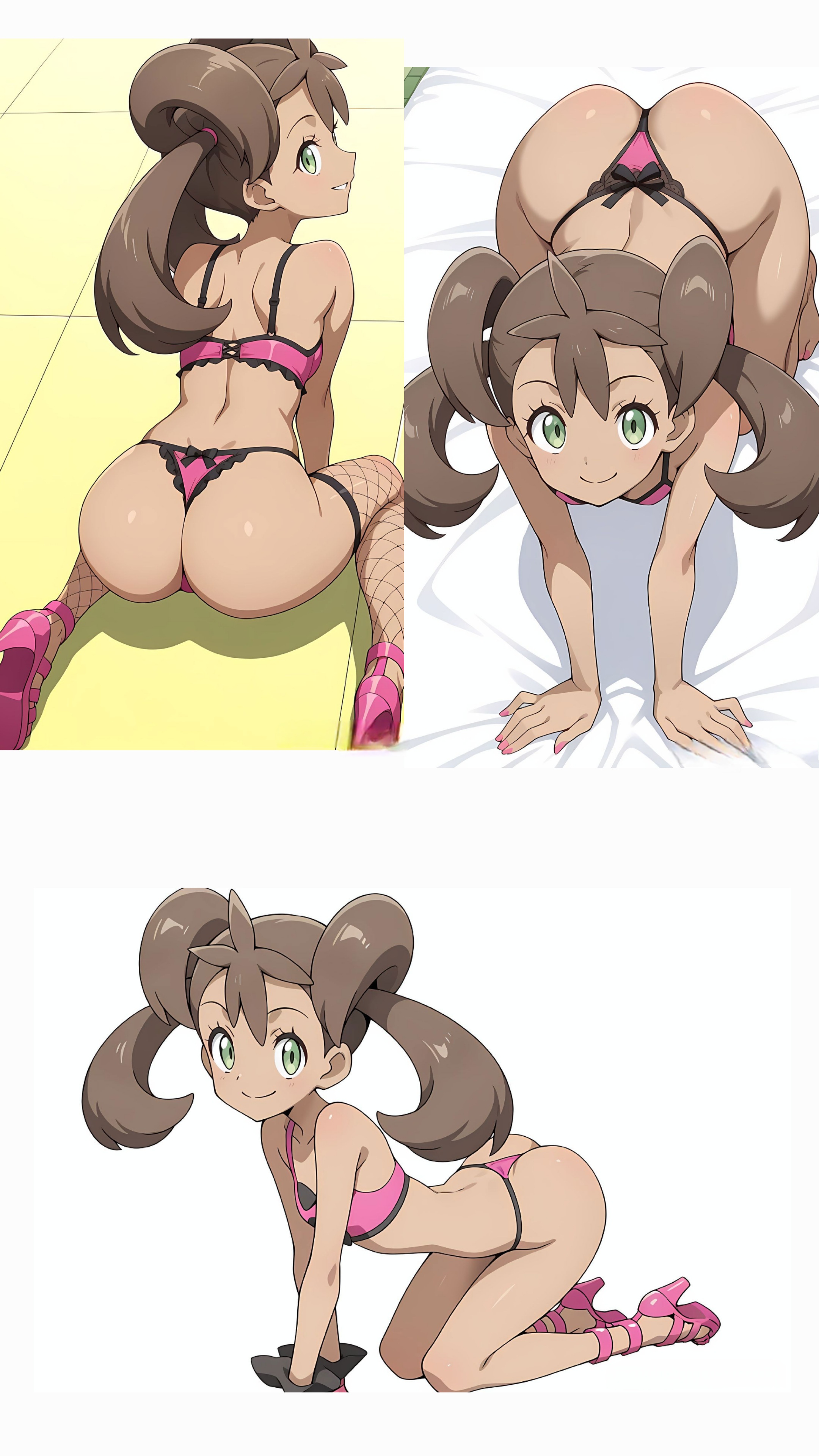 1girls, 2025, ai generated, ass, bra, female, female only, front view, high heel boots, lingerie, pokemon, pokemon xy, presenting, presenting ass, presenting butt, rear view, seductive, seductive eyes, seductive look, seductive smile, shauna (pokemon), side view, smile, smiling, solo, tagme, teksavart2, thong