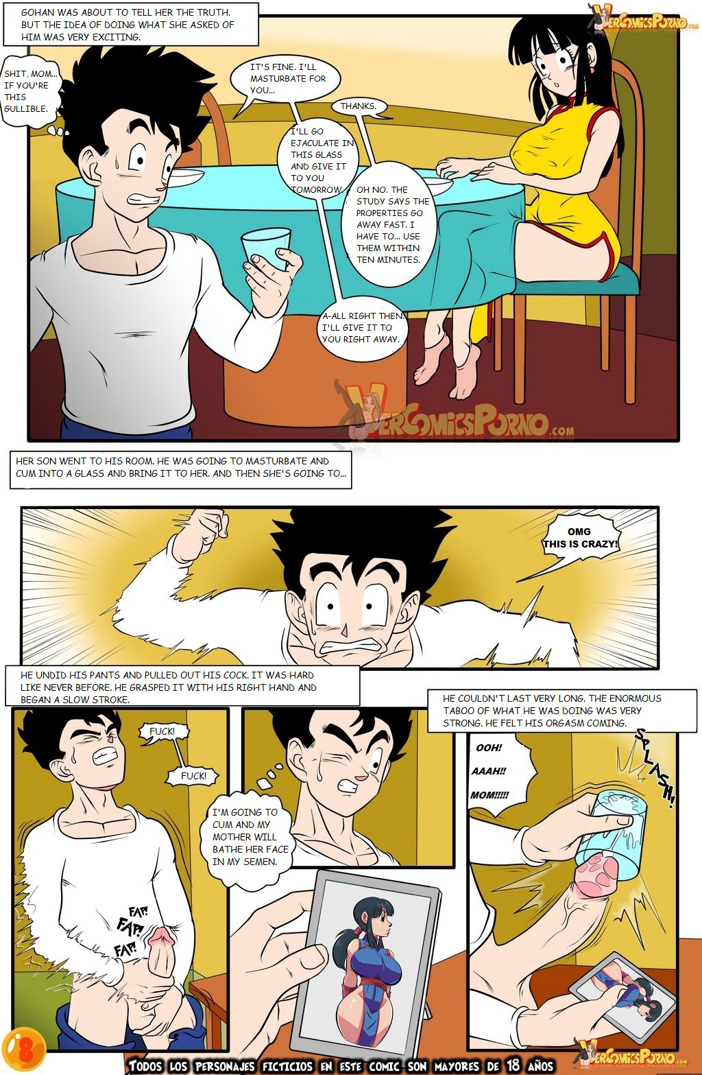 2d, black hair, chichi, color, comic, dragon ball, dragon ball z, drah navlag, edit, english text, full color, funsexydragonball, incest, jerking, masturbation, mother and son, penis, son gohan, speech bubble, text box