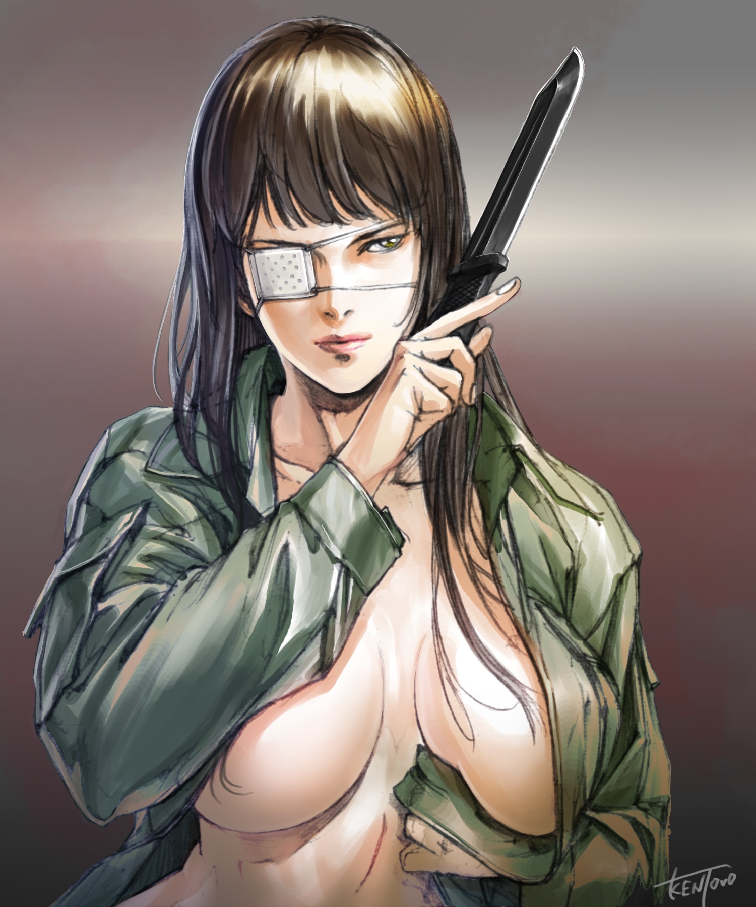 black hair, breasts, eye patch, female, hair, jormungand, knife, large breasts, o-dutch, open clothes, open shirt, sideboob, sofia valmer