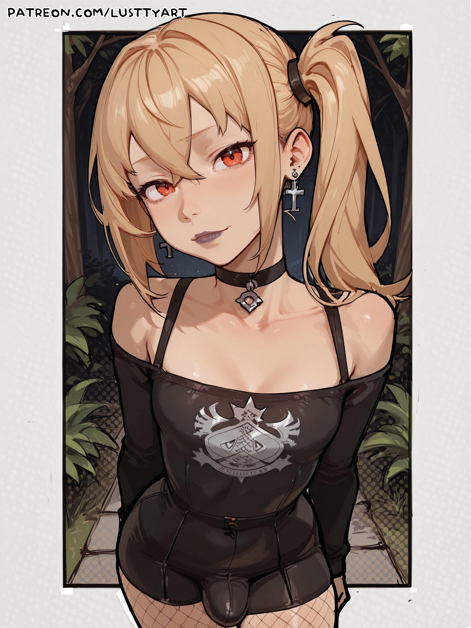 1futa, absurdres, ai, ai generated, bangs, bare shoulders, blonde hair, bulge, choker, clothes writing, collarbone, cross, crossdressing, dickgirl, ear piercing, earrings, fishnet legwear, fishnets, futa focus, futa only, futanari, generated, goth, highres, jewelry, long hair, looking at viewer, luciana de montefio, lusttyart, off shoulder, otoko no ko, pantyhose, penis, piercing, red eyes, smile, solo, zenless zone zero