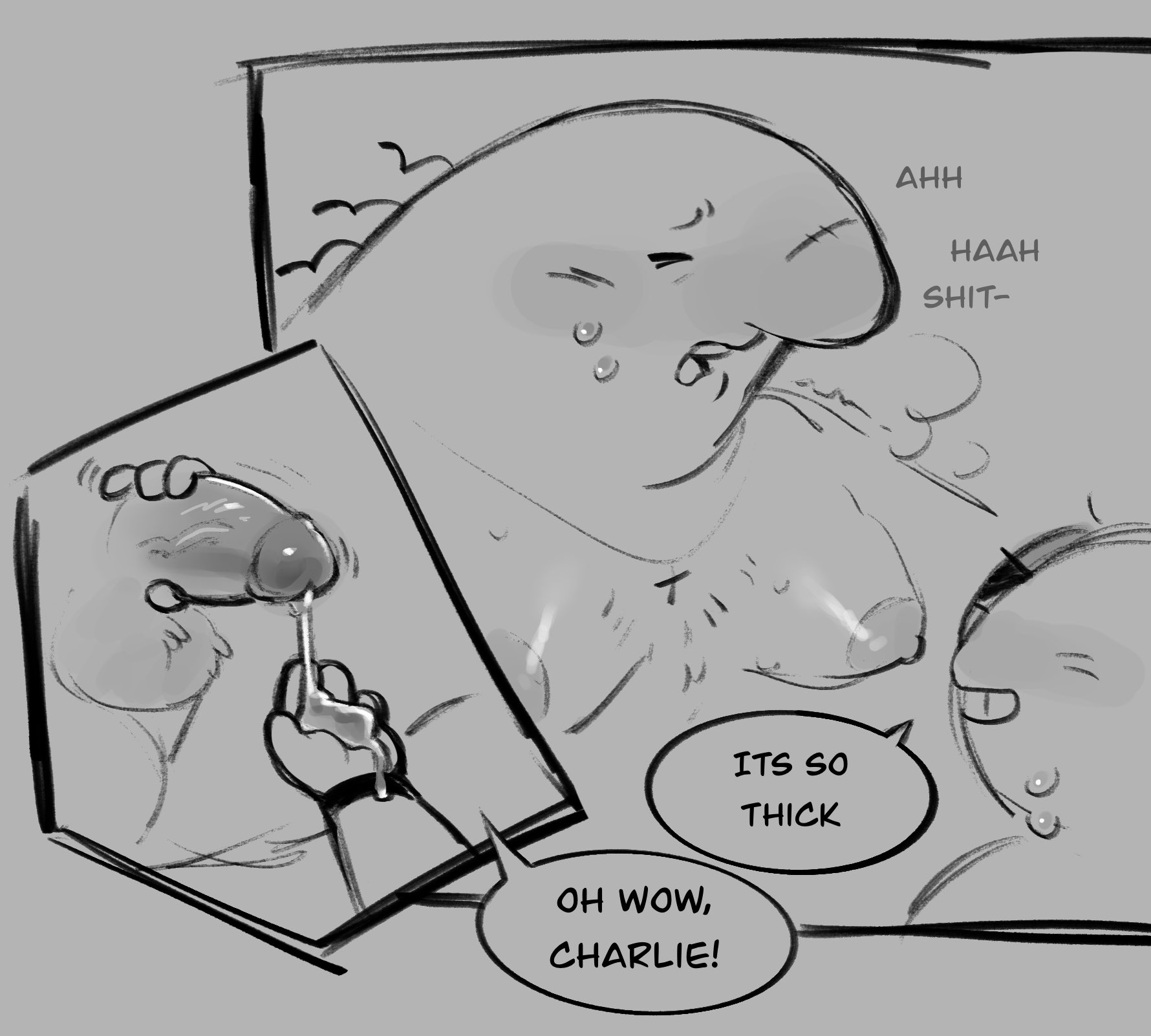2boys, adult swim, blush, charlie (smiling friends), charlie dompler, chubby male, cock, cum, cumshot, flustered, gay, grabbing cock, man breasts, penis, pim (smiling friends), pim pimling, rancid430, smiling friends, stroking cock, sweat, sweatdrop, yaoi