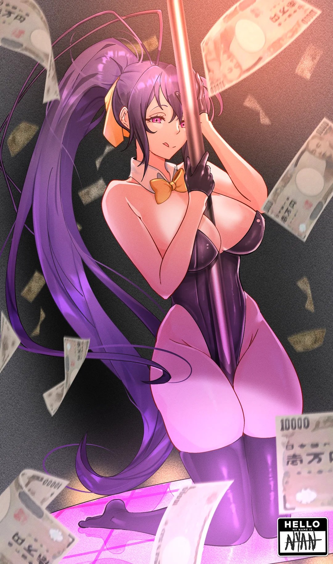 akeno himejima, black hair, gorillagripboba, high school dxd, pole, pole dancing, solo, thighhighs
