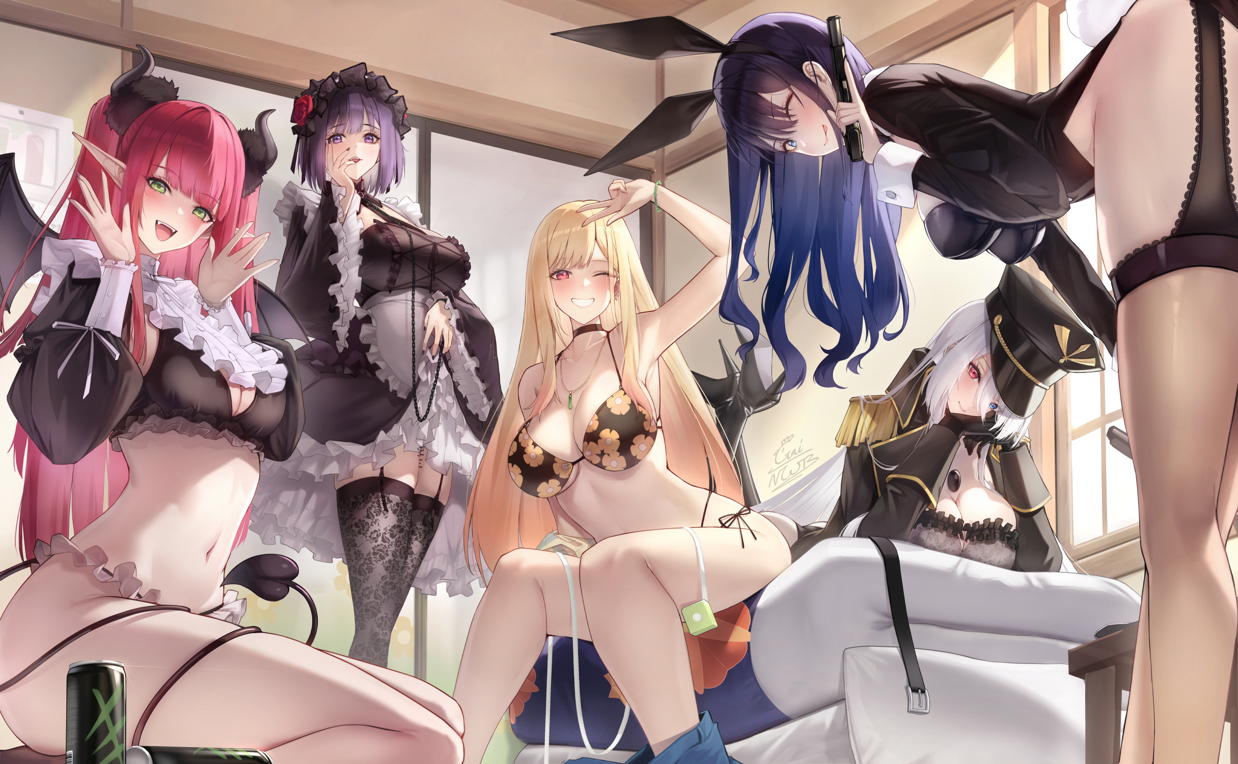:d, 6+girls, animal ears, apron, arm up, armpits, ass, bare shoulders, bent over, between breasts, bikini, black bikini, black choker, black coat, black dress, black gloves, black hair, black hairband, black headwear, black leotard, black lobelia (cosplay), black nails, black necktie, black thighhighs, blonde hair, blue eyes, blunt bangs, blush, bra, breasts, can, cg, choker, cleavage, cleavage cutout, closed mouth, clothing cutout, collar, collarbone, cosplay, couch, crop top, demon girl, demon horns, demon tail, demon wings, detached collar, dress, drink can, ear piercing, earrings, epaulettes, fake animal ears, fake tail, fishnets, floral print, flower, frilled sleeves, frills, gainoob, garter belt, garter straps, gloves, gothic lolita, gradient hair, green eyes, grey hair, grin, gun, gyaru, hair flower, hair ornament, hair over one eye, hairband, hand up, handgun, hands up, hanging breasts, hat, holding, holding can, holding gun, holding weapon, holding whip, horns, indoors, izayoi arisa, jewelry, kitagawa marin, kuroe shizuku, kuroe shizuku (cosplay), lace trim, lace-trimmed legwear, lace-trimmed thighhighs, large breasts, leaning forward, leash, leotard, long fingernails, long hair, long sleeves, looking at viewer, maid, medium breasts, multicolored hair, multiple girls, nail polish, navel, necklace, necktie, necktie between breasts, one eye closed, open mouth, pantyhose, parted lips, piercing, playboy bunny, pointy ears, print bikini, puffy sleeves, purple eyes, purple hair, rabbit ears, rabbit tail, red eyes, red hair, rizu-kyun, rizu-kyun (cosplay), rose print, shirt, short hair, side-tie bikini bottom, sidelocks, signature, sitting, skirt, smile, sono bisque doll wa koi wo suru, standing, stomach, string bikini, swept bangs, swimsuit, tail, teeth, thighhighs, thighs, tongue, underwear, v, very long hair, weapon, whip, white apron, white hair, wide sleeves, wings, wrist cuffs