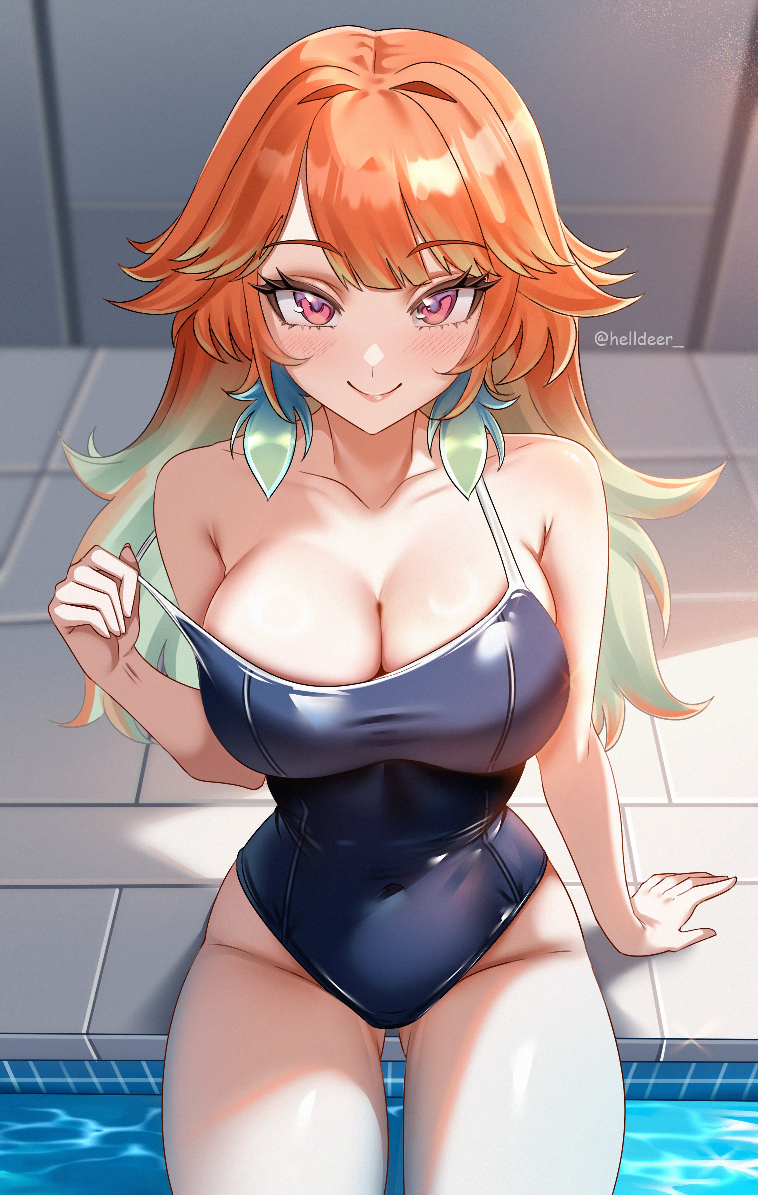 absurdres, armpit crease, blue one-piece swimsuit, breasts, busty, cleavage, closed mouth, collarbone, earrings, feather earrings, feathers, female, female only, green hair, hashtag-only commentary, helldeer, highres, hololive, hololive english, jewelry, large breasts, multicolored hair, one-piece swimsuit, orange hair, pool, purple eyes, sitting, smile, solo, solo female, streaked hair, swimsuit, takanashi kiara, thighs, virtual youtuber