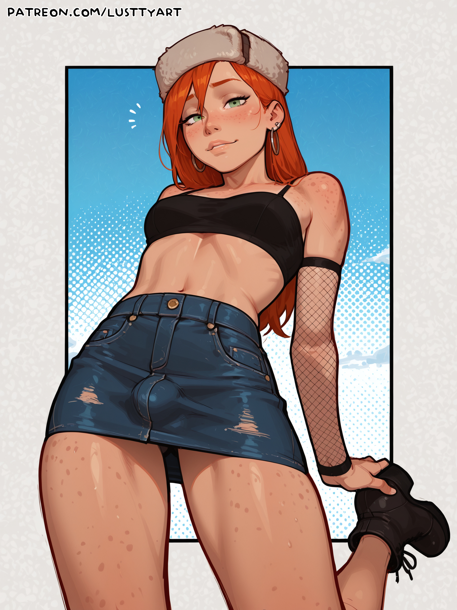 1futa, absurdres, ai, ai generated, bare shoulders, blush, boots, breasts, denim, denim skirt, dickgirl, earrings, female, fishnet legwear, fishnets, fur hat, futa focus, futa only, futanari, generated, gravity falls, green eyes, highres, jewelry, long hair, looking at viewer, lusttyart, midriff, orange hair, skirt, solo, standing, sweat, wendy corduroy