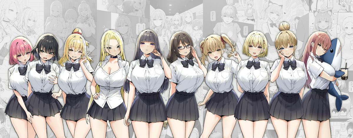 big breasts, black hair, blonde hair, brown hair, female only, glasses, lineup, long hair, original characters, pink hair, ribbon, school uniform, schoolgirl, short hair, sky (freedom), sky-freedom, twintails, v sign