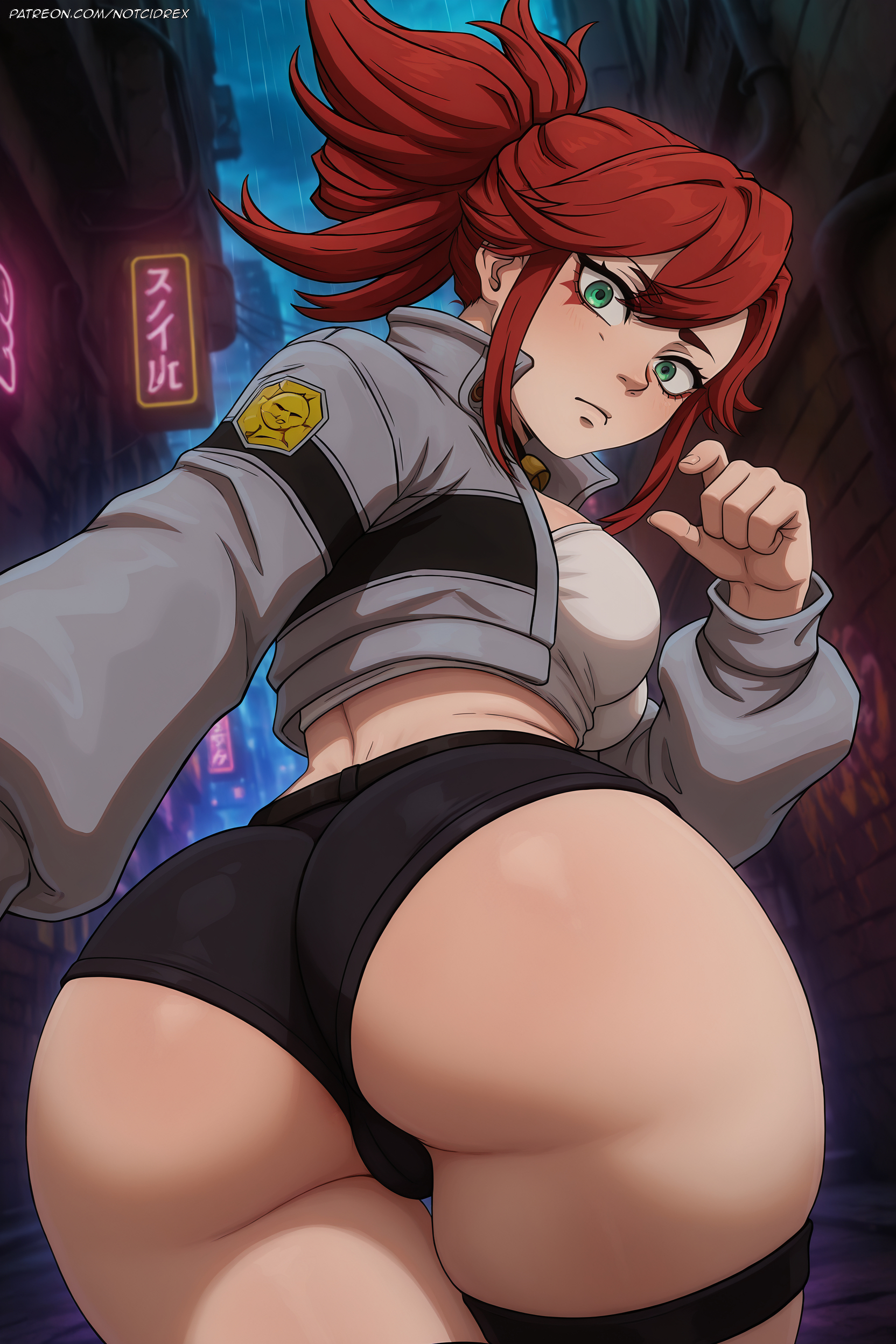 1girls, ai generated, big ass, cidrex, clothed, clothing, gachiakuta, looking at viewer, looking back, notcidrex, partially clothed, riyou reaper, solo, solo female, viewed from behind