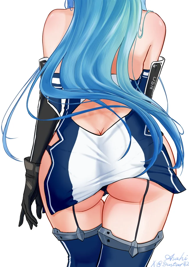 ass, ass focus, azur lane, back, bare shoulders, black gloves, black panties, blue hair, blue thighhighs, butt crack, cg, clothing cutout, dated, dress, elbow gloves, female, from behind, garter straps, gloves, helena (azur lane), long hair, panties, panty peek, short dress, signature, simple background, solo, thigh gap, thighhighs, twitter username, underwear, white background
