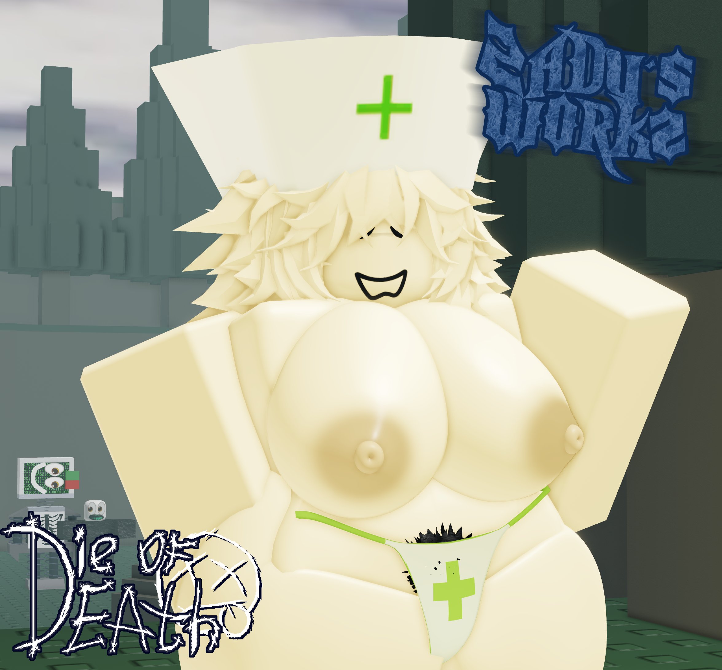1girls, 3d, areolae, ass, background characters, badware (die of death), big breasts, breasts, caretaker (die of death), copyright name, crimstuff, die of death (roblox), eyes emoji, female, female focus, hat, mostly nude, nipples, nurse hat, panties, panties only, pubic hair, pursuer (die of death), roblox, roblox game, robloxian, tagme, thick thighs, thighs, watermark, zaduworkz