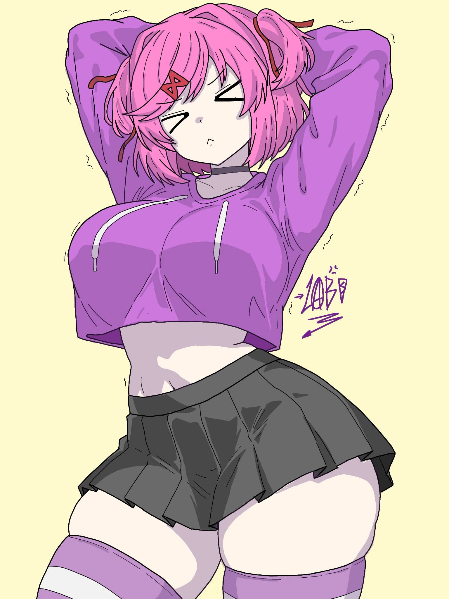 1girls, big breasts, crop top, cute, cute expression, doki doki literature club, drawlab33t, female, hair ornament, hair ribbon, hoodie, midriff, natsuki (doki doki literature club), pink hair, skirt, thighhighs, thighs