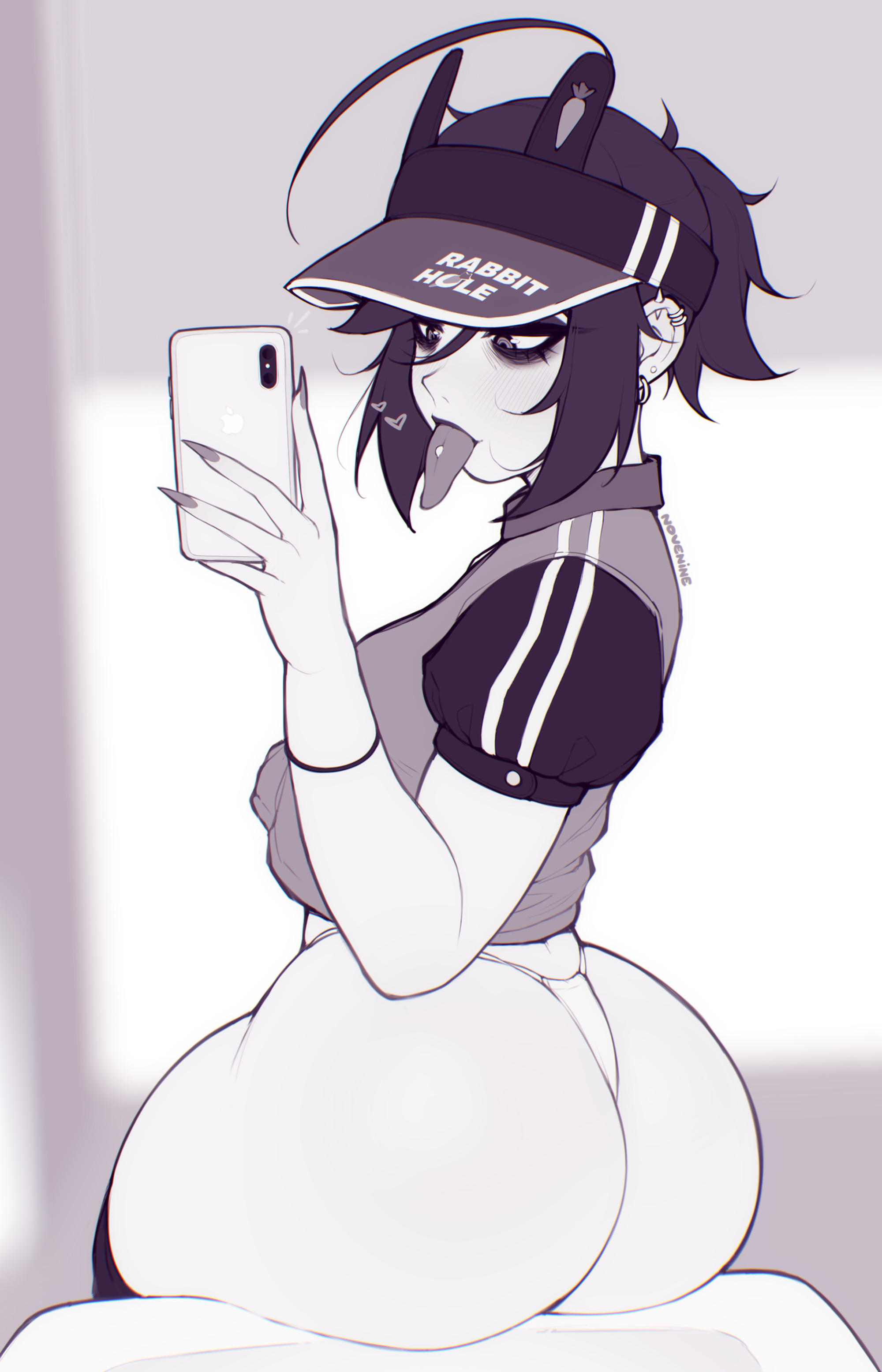 1girls, ass, breasts, female, female focus, female only, large ass, light skin, light-skinned female, looking back, monochrome, novenine (renkonv), original, phone, renko (renkonv), selfie, solo, thick thighs, thighhighs, thighs, wide hips