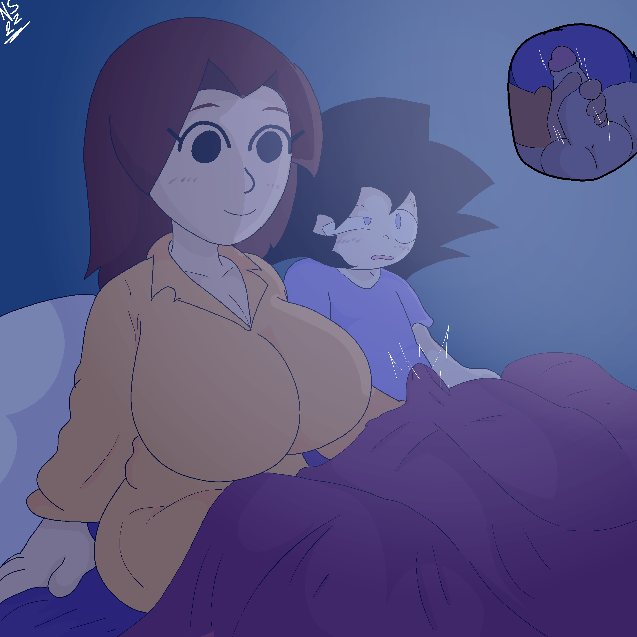angelonce, bed, bedroom, black hair, blush, blushed face, brown hair, canon couple, flat shading, hidden penis, mii, mii gunner, mii gunner (smash 4), mob face, movie night, nsfwed22, pajamas, sona, stroking cock, stroking penis, super smash bros, super smash bros. for nintendo 3ds and wii u, under the covers, wife and husband
