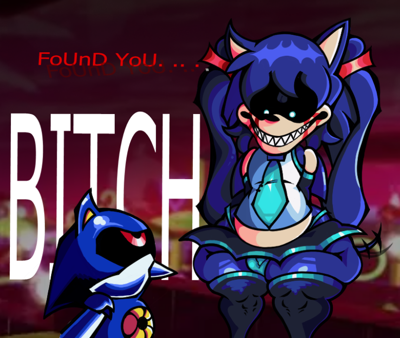 2011x, 2boys, anthro, black sclera, bleeding eyes, blue eyes, blue fur, blue hair, bootleg metal sonic, bulge, bulge through clothing, chubby, creepypasta, femboy, fully clothed, gay, hatsune miku (cosplay), hue hue hue, imminent sex, metal sonic, miku x (outcome memories), no sex, outcome memories, pigtails, roblox background, robot, sega, sharp teeth, smile, sonic (series), sonic the hedgehog (series), sonic.exe, sonic.exe (series), source request, tagme, tailwag, text, thick thighs, thighhighs, thighs, vocaloid, yaoi