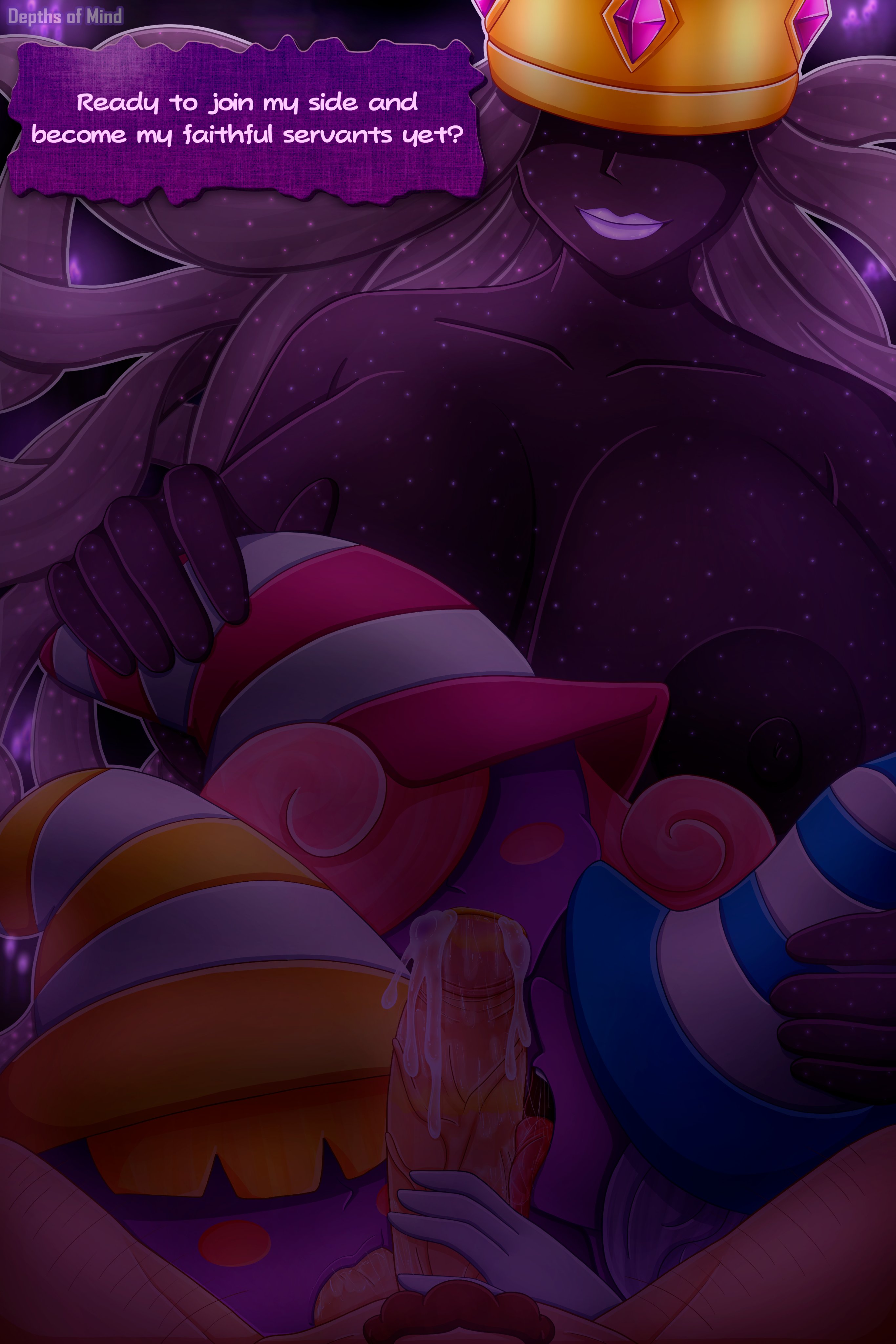 1boy, 4girls, areola, balls, balls suck, beldam (mario), big breasts, big nose, big penis, bodily fluids, breasts, clothing, collaborative, collaborative fellatio, collaborative sex, crown, demon, depthsofmind, dialogue, english text, fellatio, female, genitals, group, hair, hat, headgear, headwear, hi res, huge breasts, human, human on humanoid, humanoid, interspecies, licking, lips, lipstick, lipstick on penis, lipstick ring, long hair, makeup, male, male/female, mammal, marilyn (mario), mario, mario (series), mario bros, nintendo, nude, nude female, nude male, oral, orange hair, paper mario, paper mario: the thousand year door, penile, penis, penis lick, pink hair, pubes, purple body, purple hair, purple skin, repost, saliva, saliva on penis, sex, shadow queen, shadow siren, sibling (lore), sister (lore), sisters, sisters (lore), sucking, text, tongue, trans woman, transfem, vein, veiny penis, vivian (mario), vivian (paper mario), witch hat, yellow lips, yellow lipstick