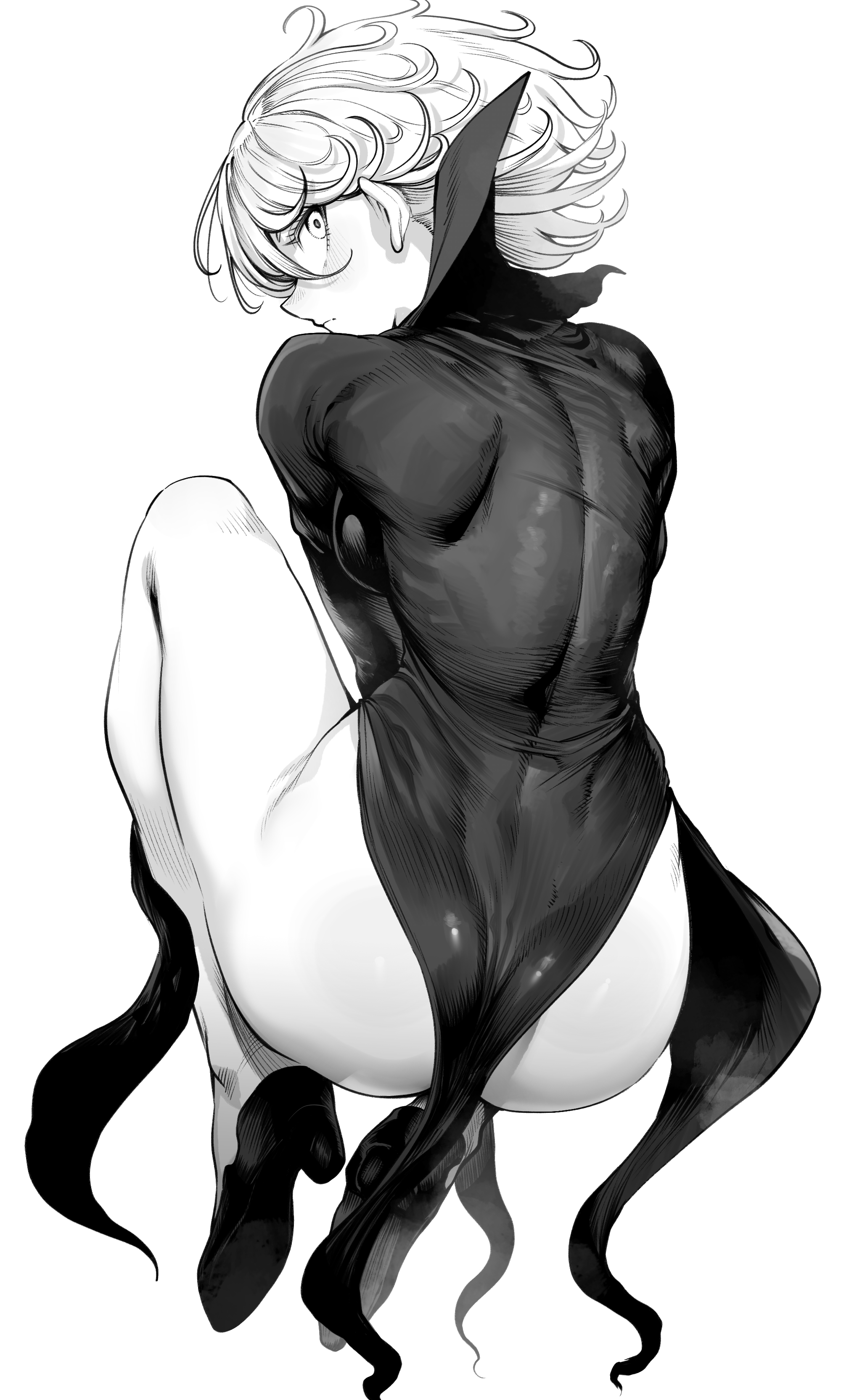 1girls, ass, back, back view, big ass, big butt, black and white, female, female only, large ass, large butt, monochrome, niwarhythm, one-punch man, shoes, superheroine, tatsumaki, toned back
