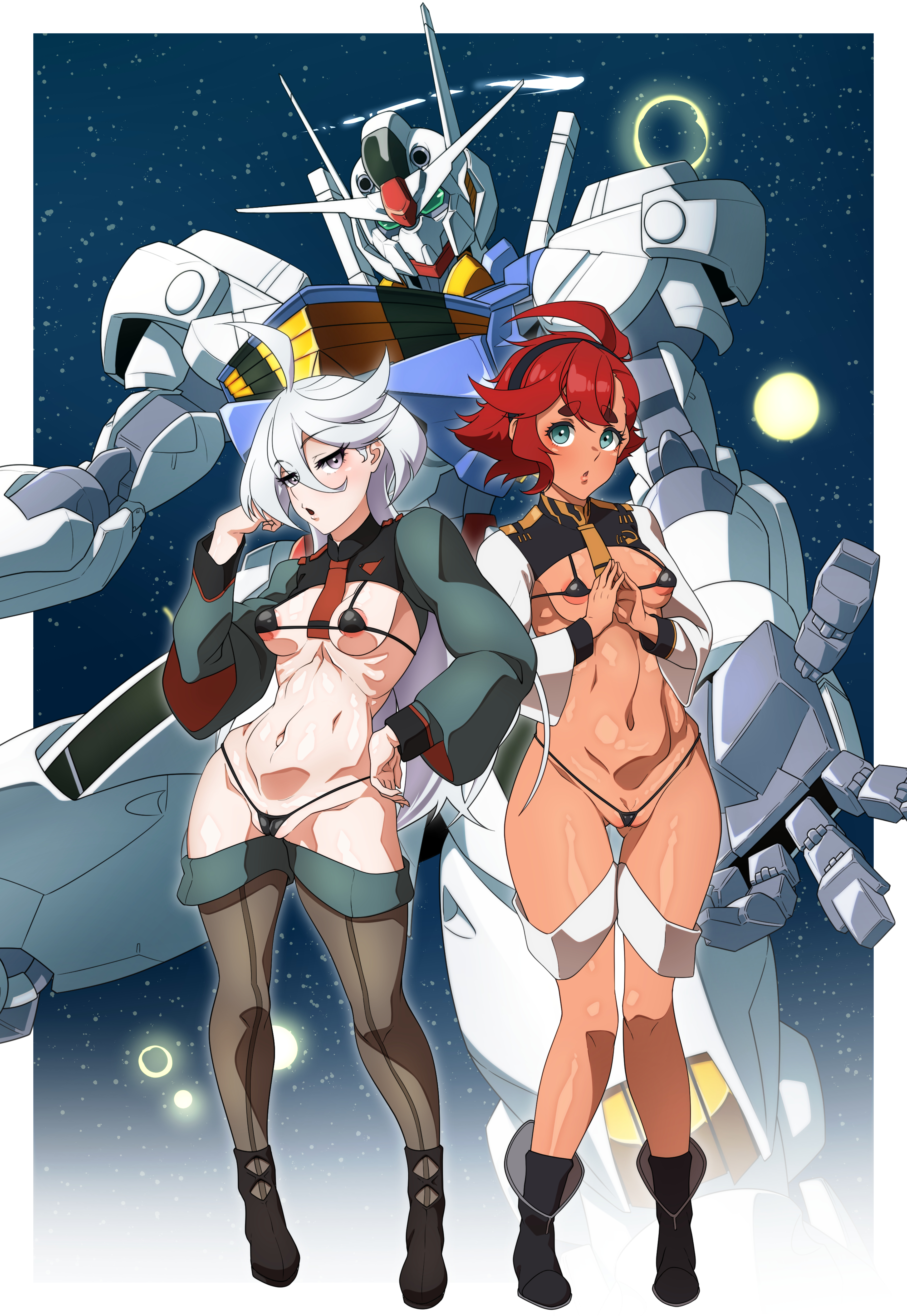 absurdres, ahoge, aqua eyes, areola slip, bikini, black footwear, black hairband, black pantyhose, blush, boots, breasts, cleft of venus, covered erect nipples, dark skin, dark-skinned female, grey eyes, grey hair, gundam, gundam aerial, gundam suisei no majo, hair between eyes, hairband, high heel boots, high heels, highres, long hair, looking at viewer, low ponytail, lowleg, mecha, micro bikini, micro bra, micro panties, miorine rembran, mobile suit, navel, nipples, nitamago0s0284, panties, pantyhose, partially visible vulva, ponytail, red hair, robot, skindentation, small breasts, star (sky), suletta mercury, swept bangs, swimsuit, thick eyebrows, thong bikini, underwear