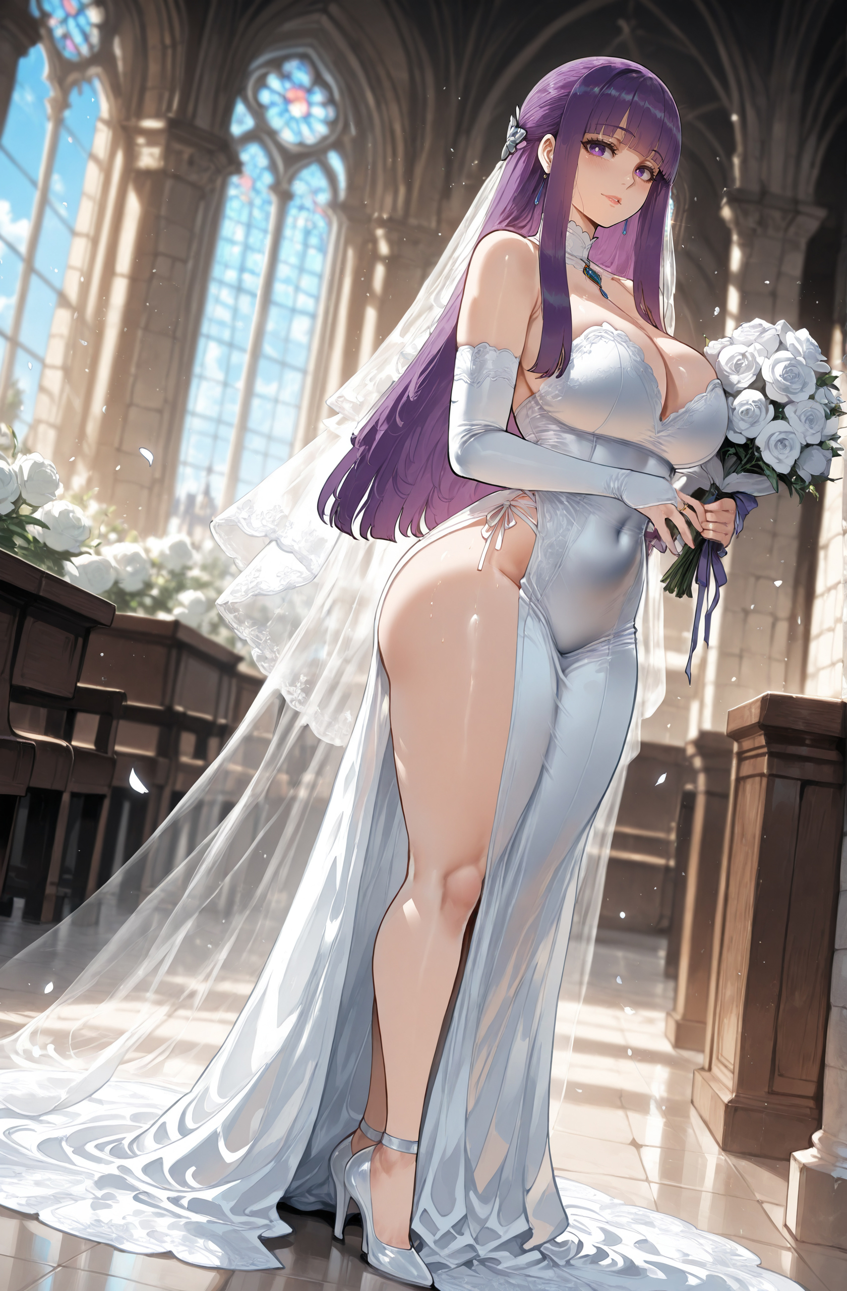 1boy, 1girls, ai generated, curvaceous, curvaceous female, curvaceous figure, curvy, curvy body, curvy female, curvy figure, curvy hips, female, fern (sousou no frieren), frieren beyond journey's end, long hair, mature female, miyuai, purple eyes, purple hair, sousou no frieren, tagme, thick, thick ass, thick legs, thick thighs, uncensored, voluptuous, voluptuous body, voluptuous female, wedding, wedding dress, wedding ring, wedding veil