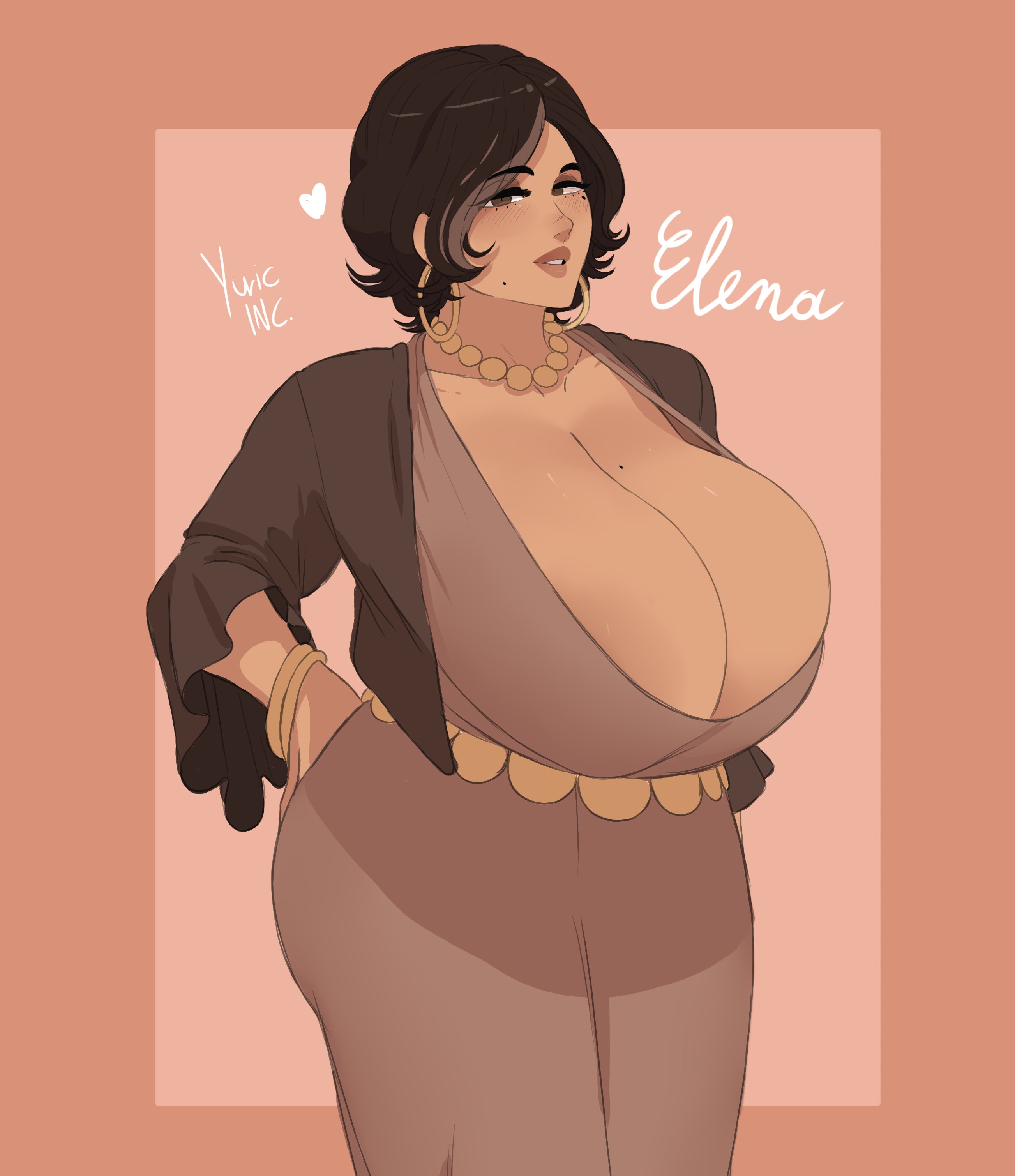 artist name, big ass, big breasts, big thighs, breasts, breasts bigger than head, brown eyes, brown hair, cleavage, clothes pull, curvy female, dark hair, decorations, ear ring, female only, huge ass, huge breasts, huge thighs, mature female, milf, mole on breast, mole under eye, mole under mouth, mother, original character, pearl necklace, short hair, thick thighs, yuric inc
